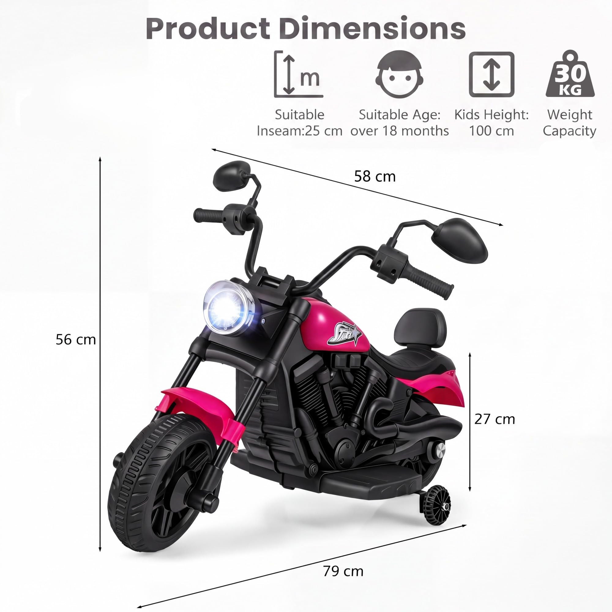 KOMFOTTEU 6V Kindermotorrad, Elektromotorrad mit Musik & LED-Scheinwerfer, 2,4 km/h, Elektro Motorrad mit 2 Stützrädern, bis zu 30 kg belastbar, für Kinder ab 3 Jahren (Rosa)