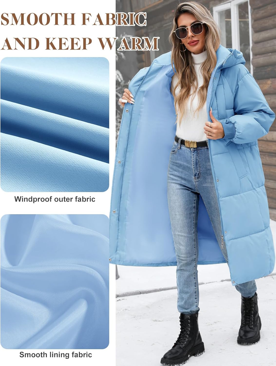 Women's Long Puffer Coat - Warm Winter Quilted Jacket Full Length Zip Up Down Coat Thickened Puffy Parka with Hood - Image 4