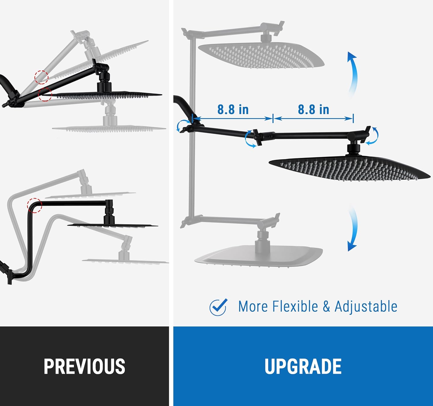 G-Promise 18 Inch Shower Head Extension Arm with Shower Arm and Flange, Solid Brass Flexible Height & Angle Extender with Lock Joint, Compatible with Rainfall and Handheld Showerhead (Matte Black)