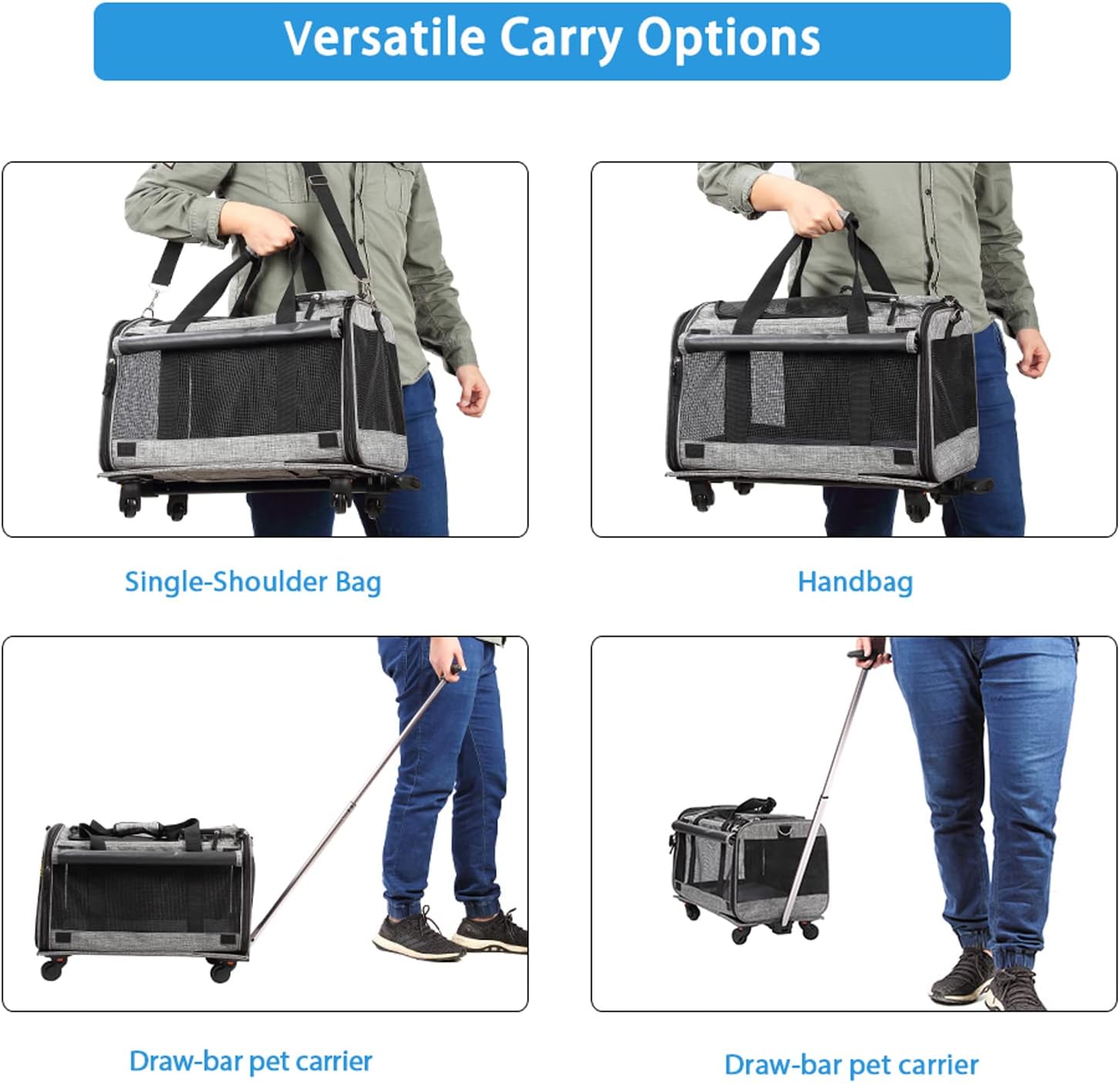 Coopeter Cat Carrier, Dog Carrier with Wheels, Pet Carrier for Pet with Telescopic Walking Handle,Easy to Fold,Grey : Everything Else