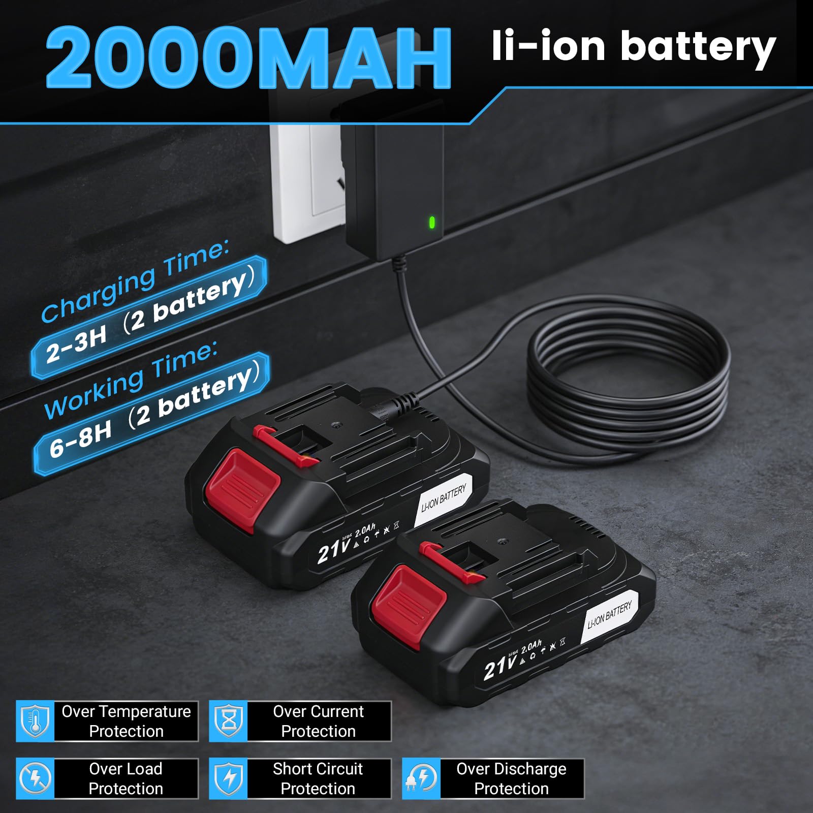Tijeras de podar y podar con batería de 21 V, 2 en 1 con 2 x 2600 mAh, 18000 rpm, grosor de corte de 8 mm, tijeras eléctricas ligeras para setos y bordes de césped (azul)