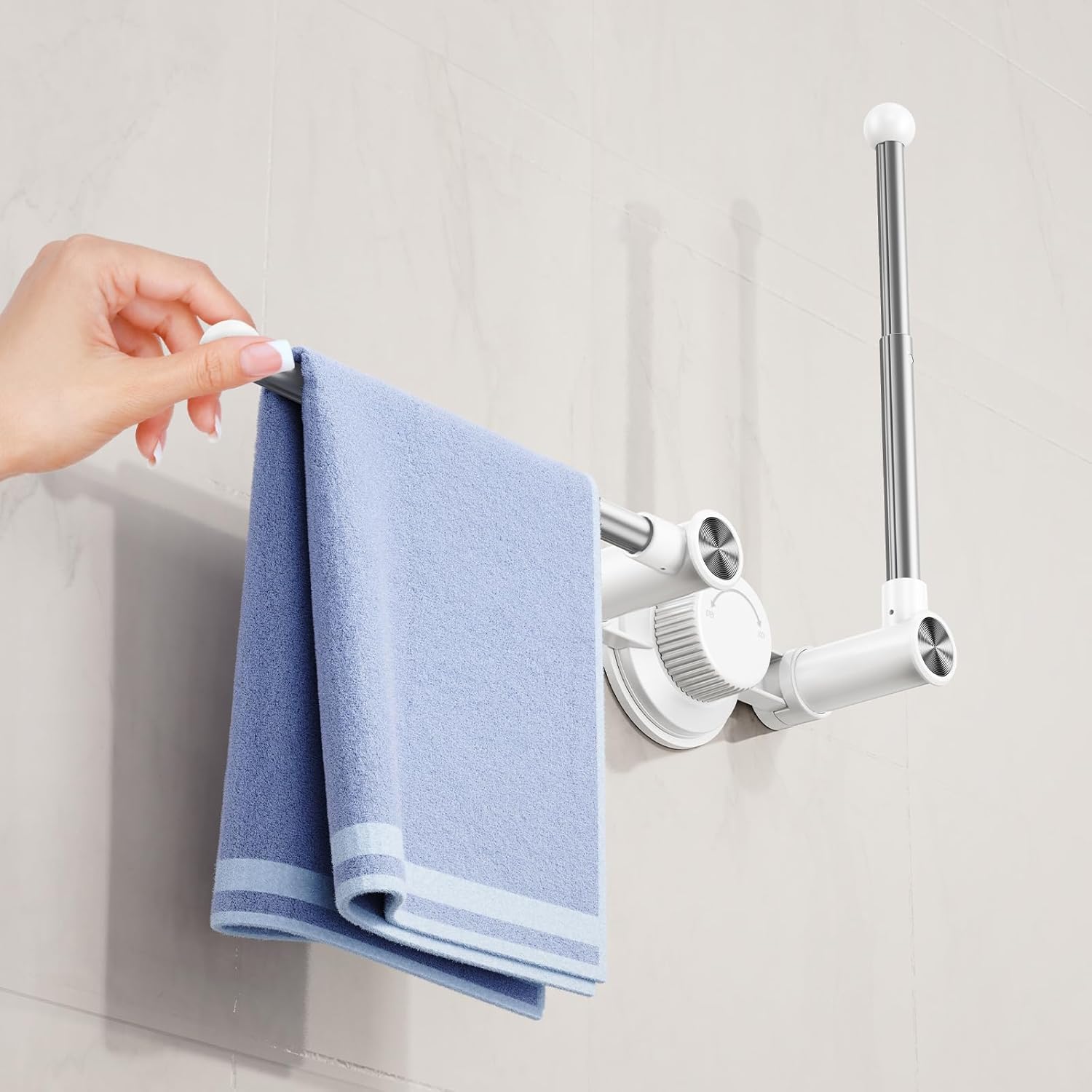 Towel Holder with Suction Cup & Double Aluminum Rod,Adjustable Length Angle Towel Rack,Sturdy and Reusable Wall Mounted Towel Bar for Bathroom,Kitchen,Porch -Double Rods（1 Pack）