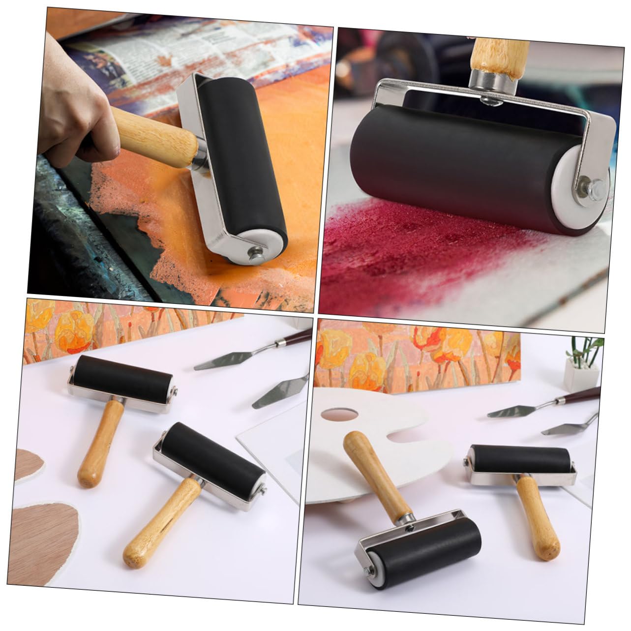 Kunststoff Farbwalzen 4 Stück mit Holzgriff für Druckmaterialien Schwarz