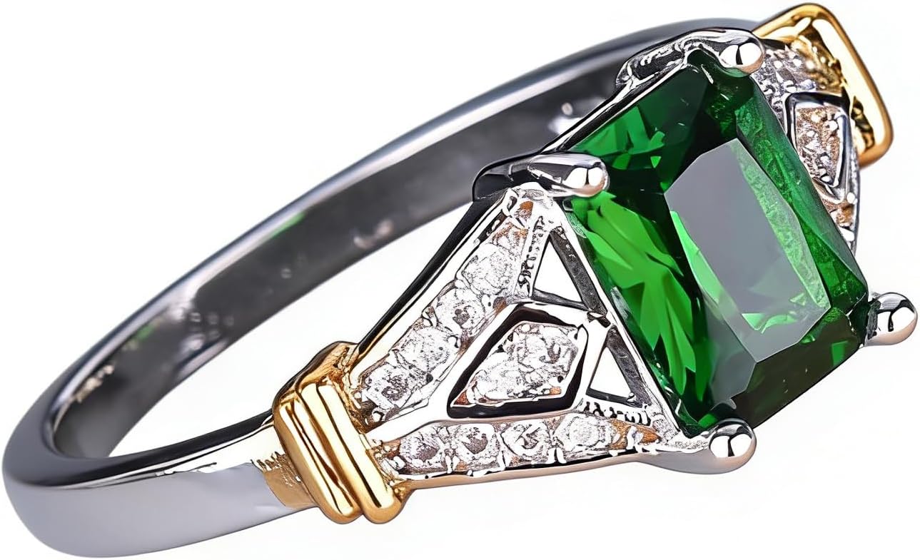 MAIHAO Vintage Women Inlaid Topaz Aquamarine Gemstone 14k White Gold Filled Wedding Bridal Band Ring Emerald Cut Birthstone Ring Size 6-10