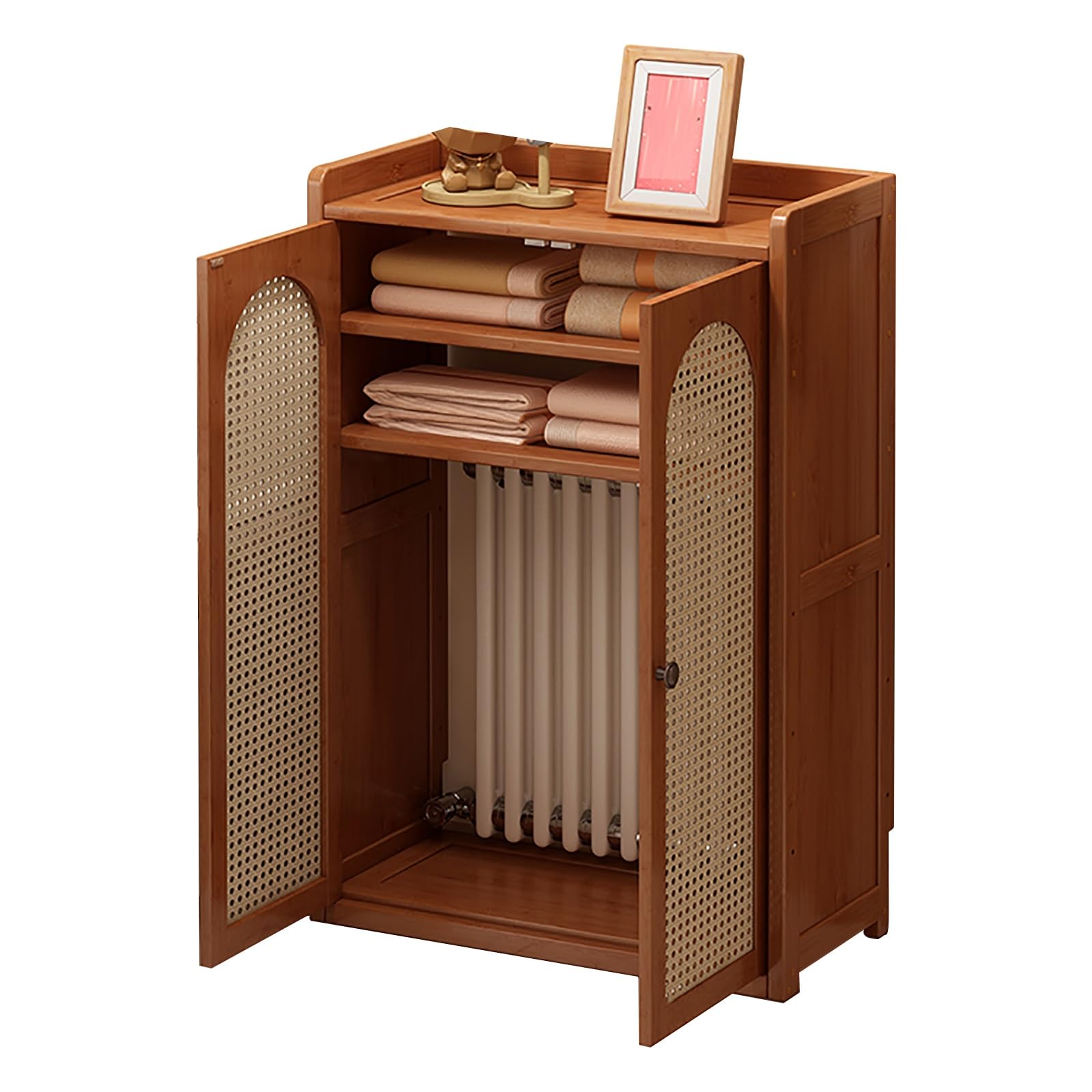 Moderna cubierta de radiador de madera con puerta, elegante cubierta de calentador y estante de almacenamiento de enrutador WiFi de ratán para sala de estar y dormitorio, decoración ideal para el