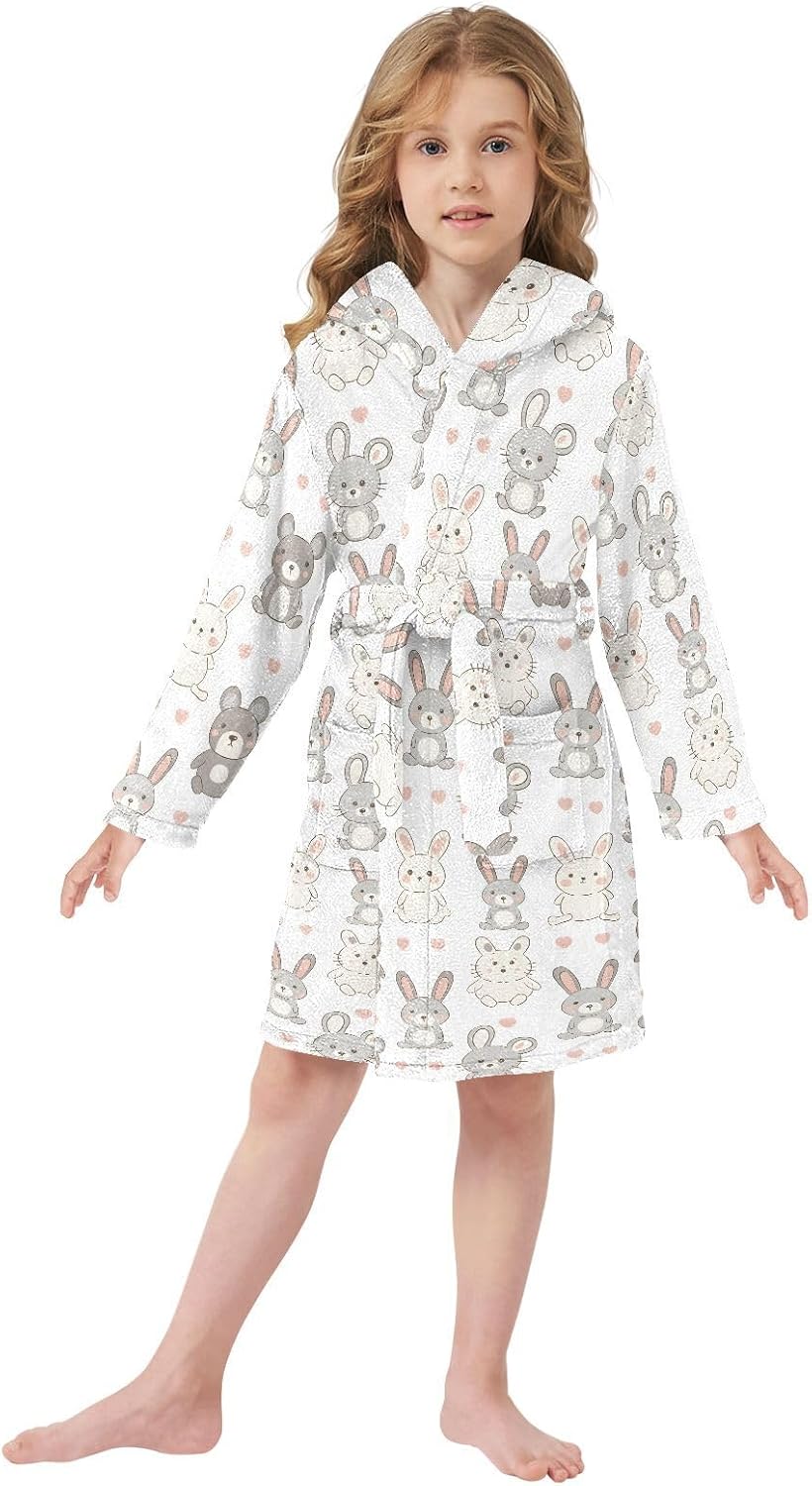 senya Rabbit Line Toddler Hooded Bathrobe Kids Soft Plush Bath Towel Robes for Boys Girls 2-12 Years