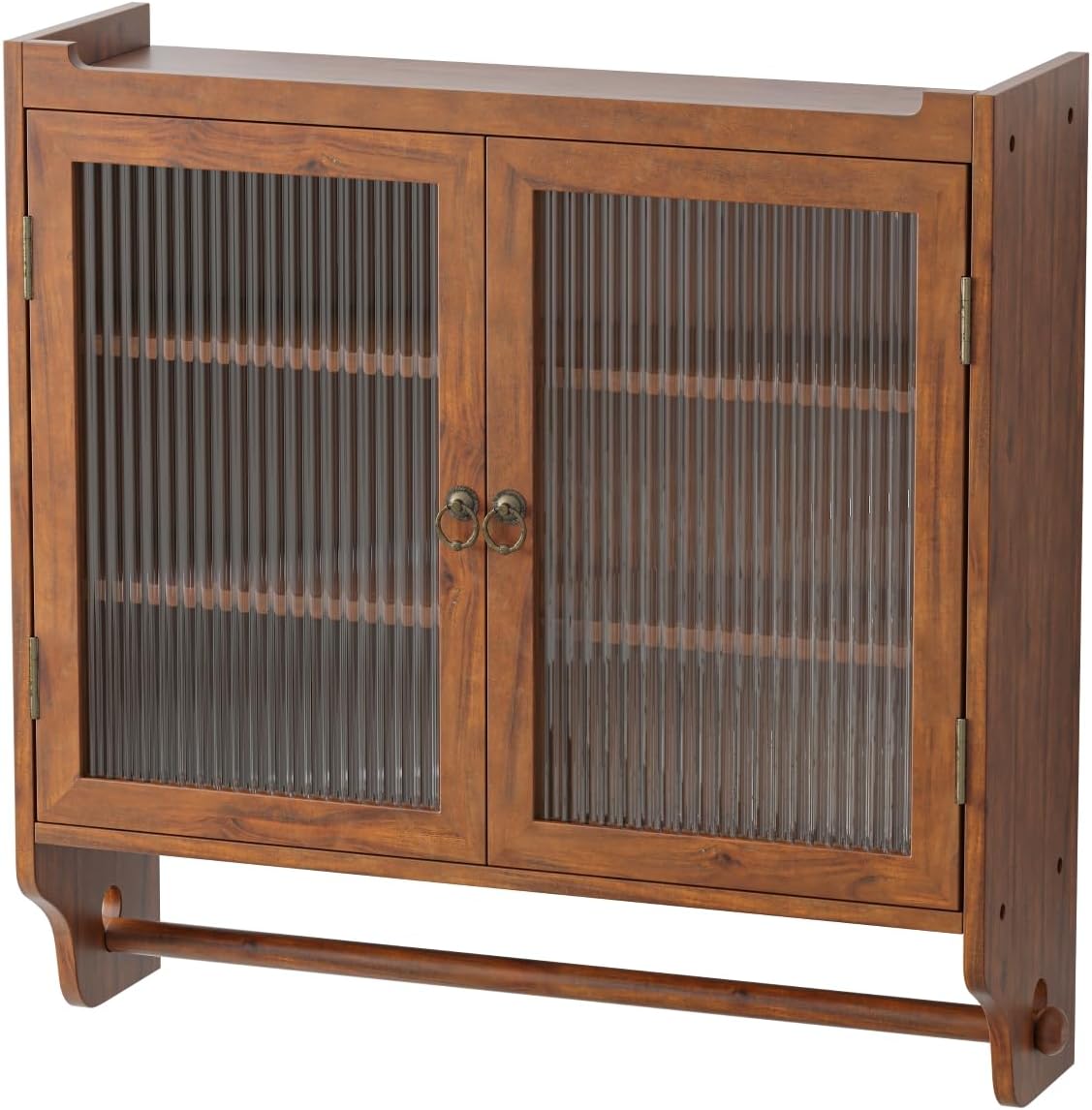 QMIT Wall Cabinet with Double Glass Doors, Wooden Medicine Cabinet Wall Mount with Three Tiers of Storage with Towel Rack for Living Room Bathroom Kitchen Dining Room (Brown Solid Wood)