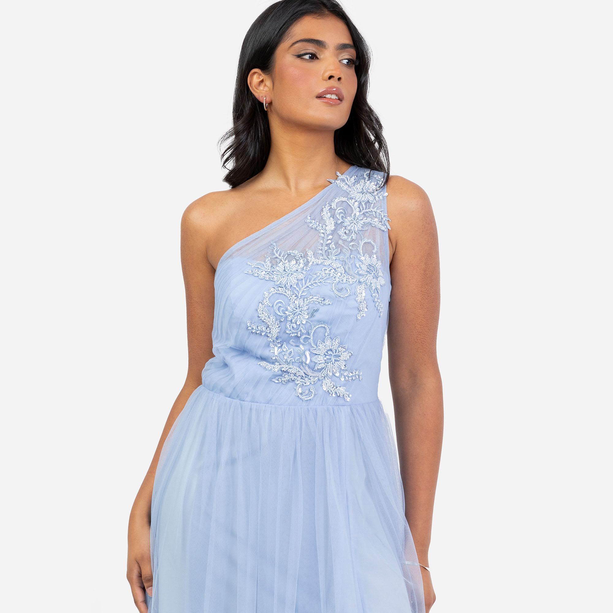 Maya Deluxe Women's Maxi Dress Ladies One Shoulder Embroidered Sequin Embellished Tulle Split Asymmetric Bridesmaid Prom Ball Gown Donna