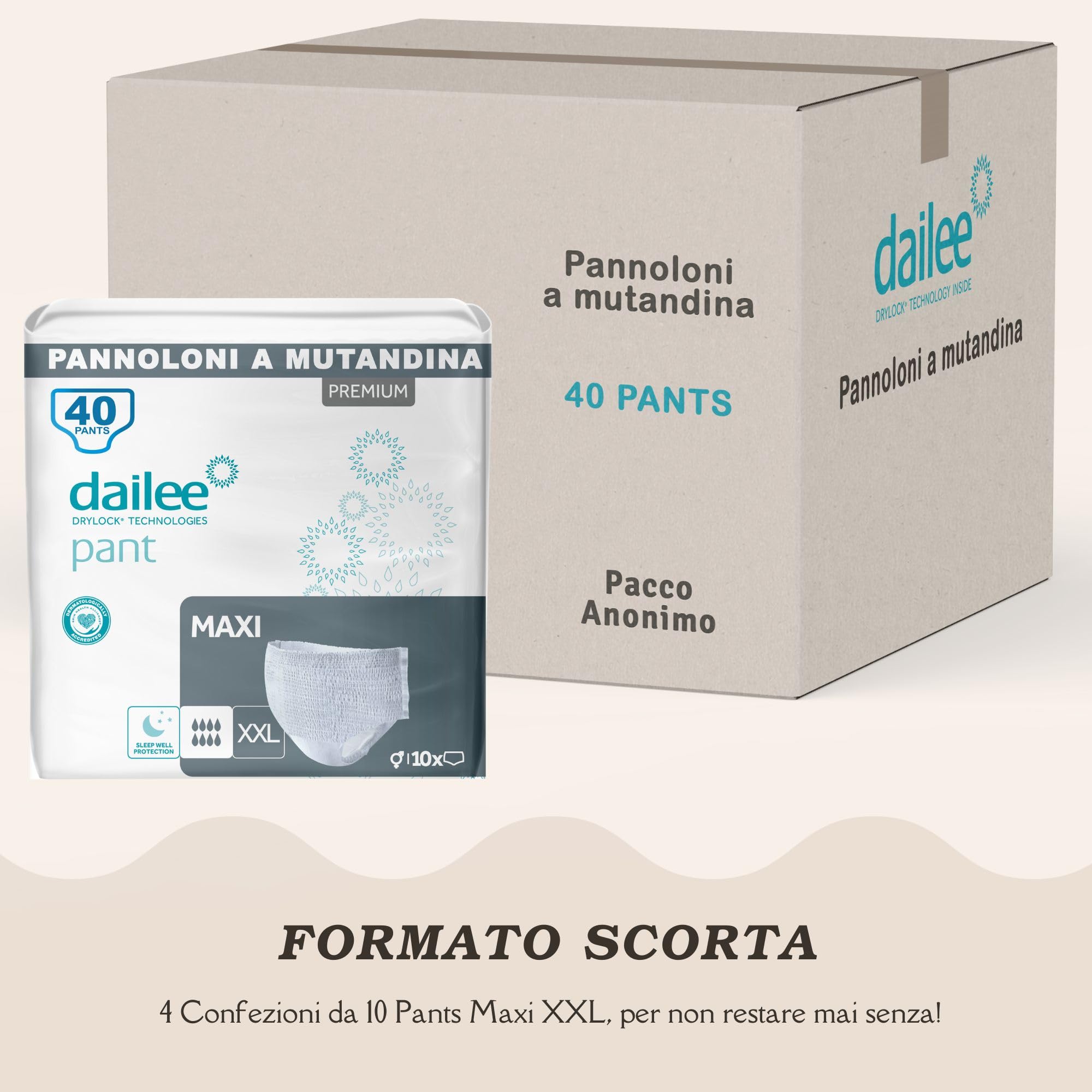 Dailee Pants Maxi XXL - 40x Pannoloni per Anziani a Mutandina - 4 Confezioni da 10 Pannoloni per Anziani Notte Super Assorbenti - Pants Incontinenza Donna e Uomo - Formato Scorta
