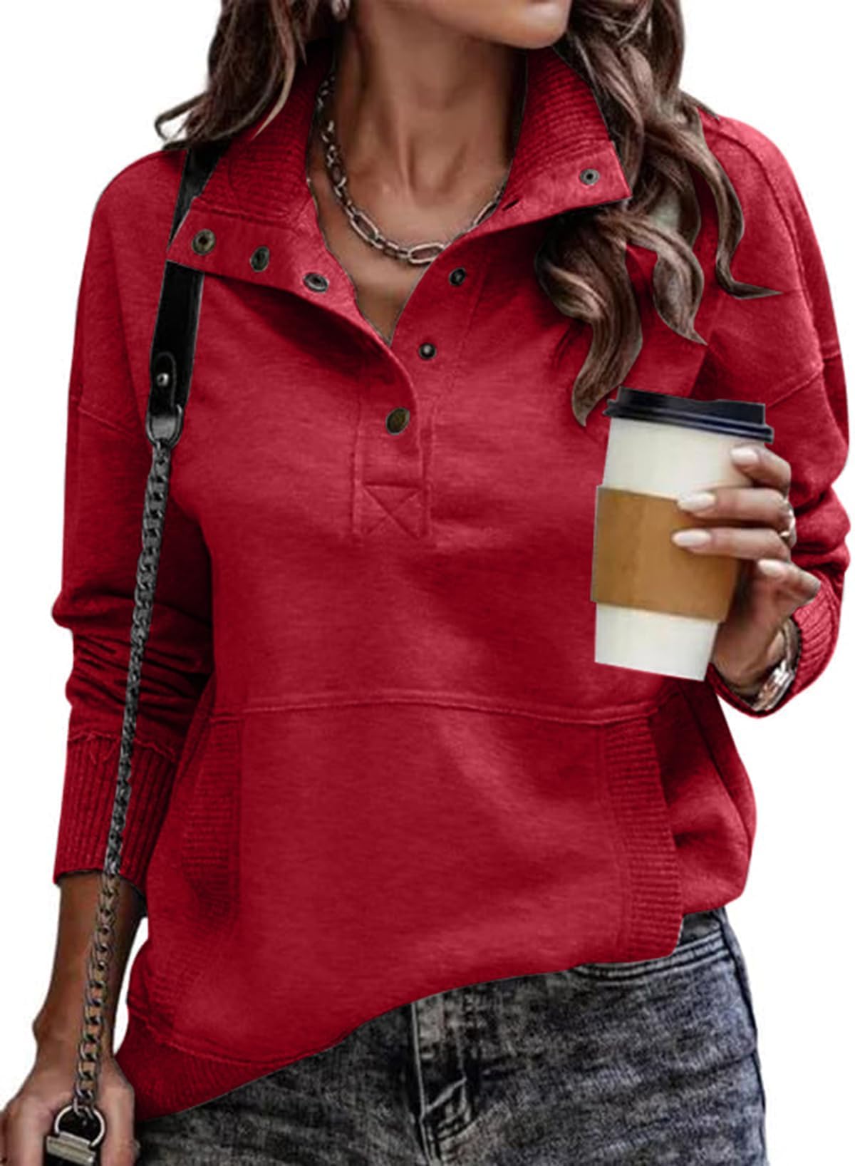 TrendiMax Pullover Damen Herbst Übergangs Sweatshirt Stehkragen Knopfleiste Langarm Pulli Locker Casual Oberteile Streetwear Sweatshirts ohne Kapuze