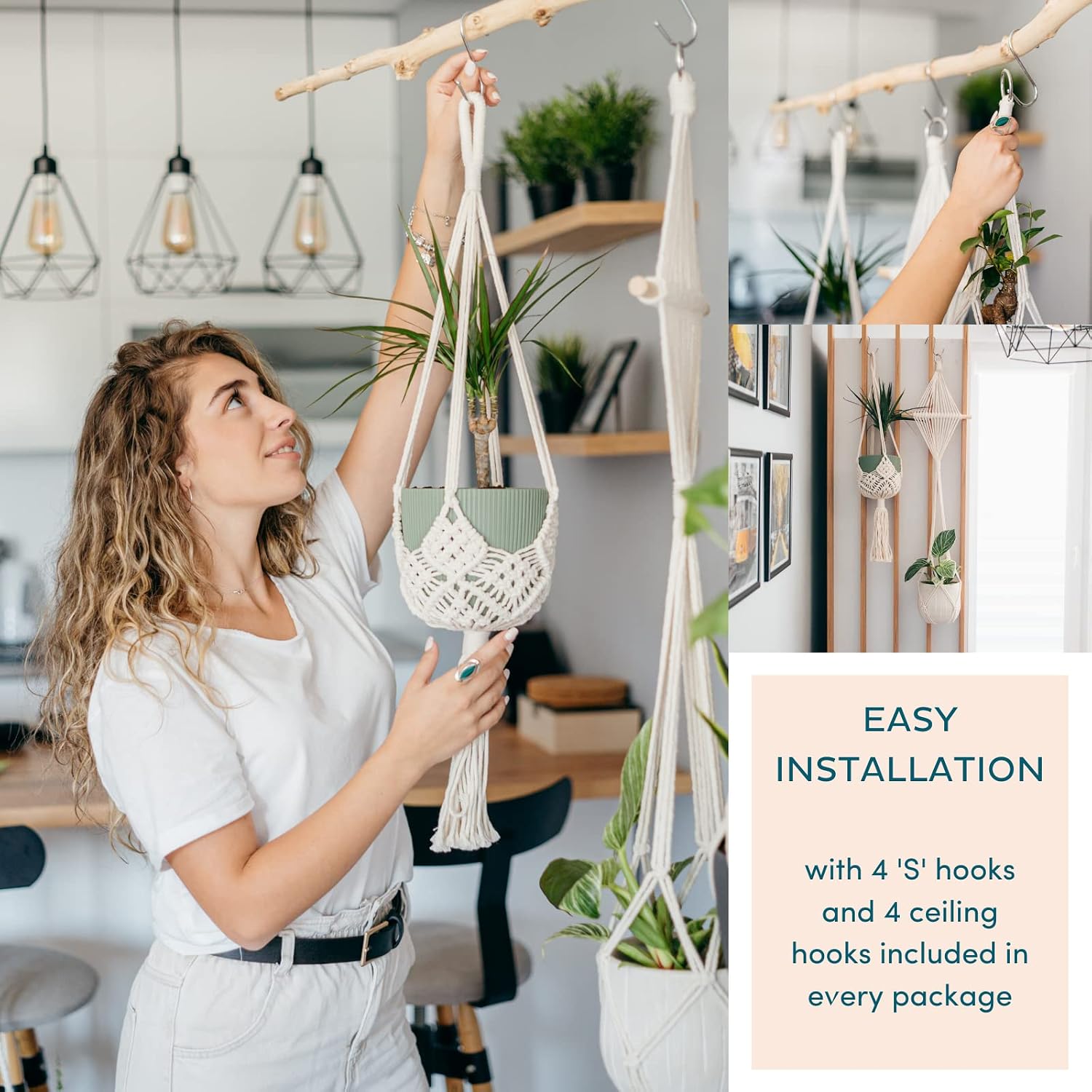 Nook Theory 4-Pack Macrame Plant Hanger - with 8 Ceiling Hooks - Hanging Planter Indoor Outdoor - Hanging Plant Holder - Decorative Bohemian Plant Hangers - Hanging Plants (Black)