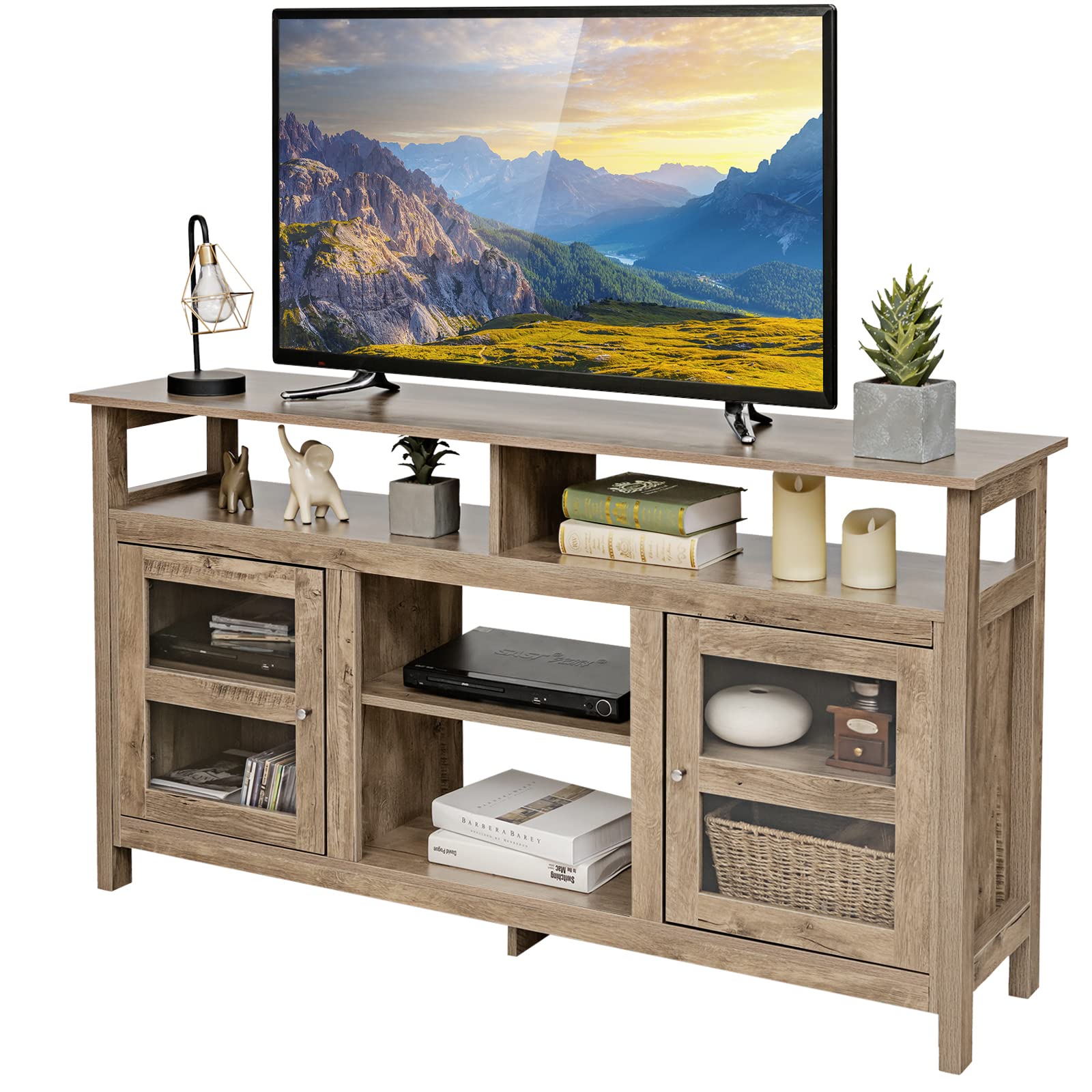 Meuble TV Boho En Bois - Support Jusqu'à 65" - 150x35x45,5 Cm - Portes En Rotin, Tiroir Et Passe-Câble - GIANTEX - 6