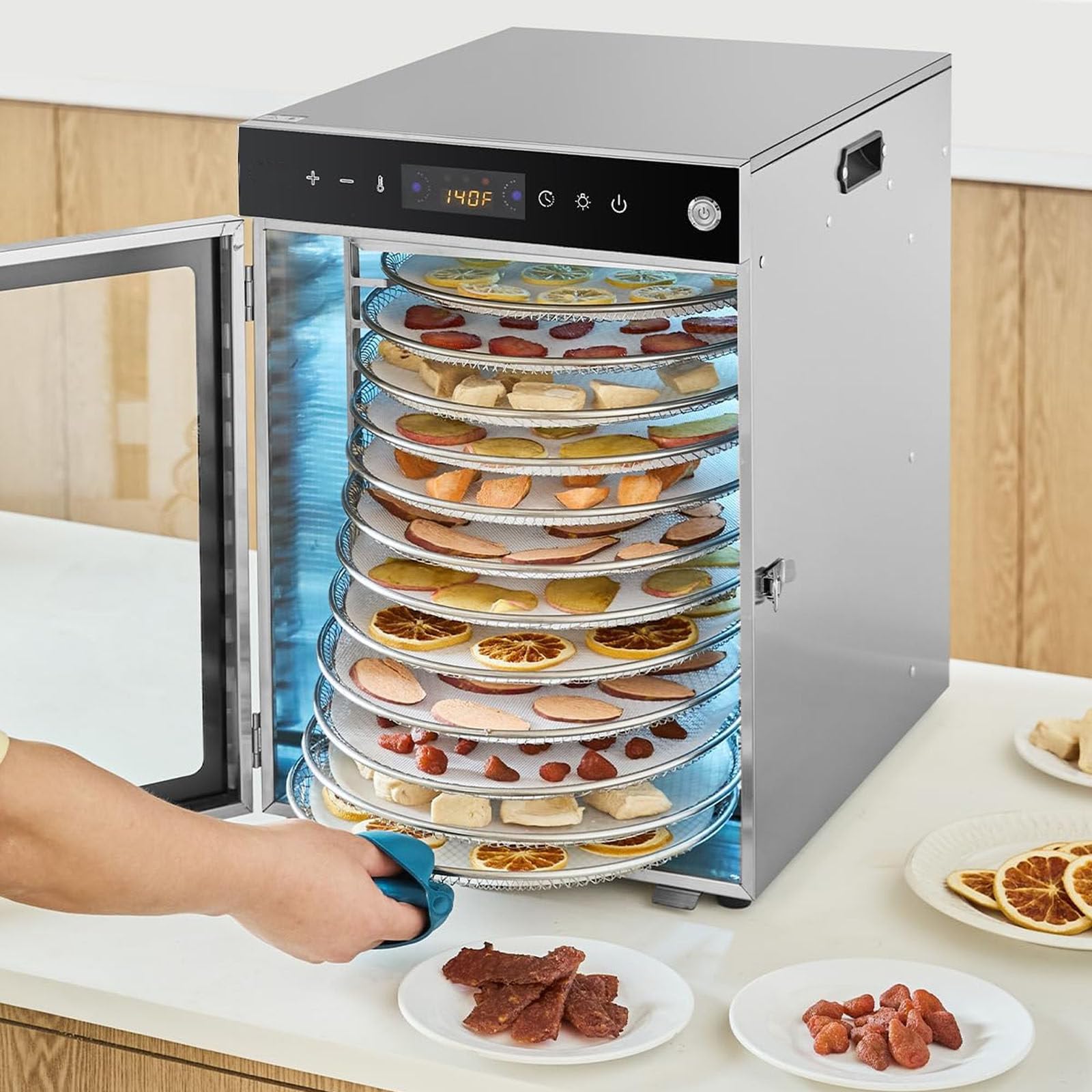 Essiccatore Per Alimenti Rotante A 360° – Essiccazione Per Frutta, Verdura E Carne Secca – Vassoi In Acciaio Inox, Timer Da 24 Ore, Fino A 194 ℉, Display A Led, Essiccatore Elettrico,20Layer