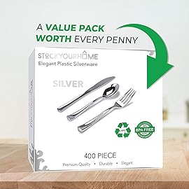 Silver Plastic Silverware Set (400-Pack) - Disposable Heavy Duty Cutlery, 134 Forks, 134 Knives, 134 Spoons for Parties, Weddings, Dinners & Holidays