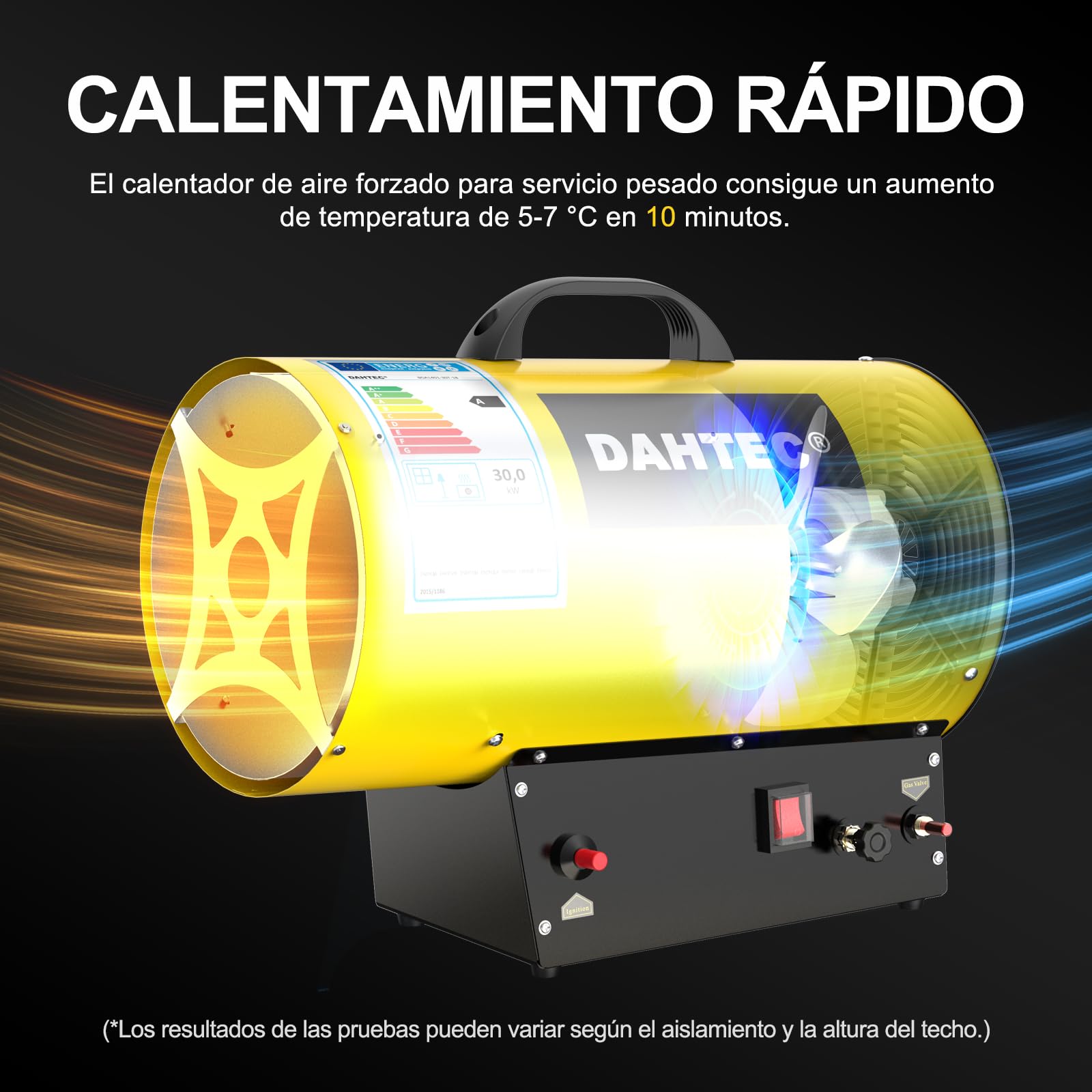 Calefactor de Gas Auxiliar 18-30 kW Potencia Regulable Cañón de Calor Soplador de Aire Caliente para Obras, Amarillo