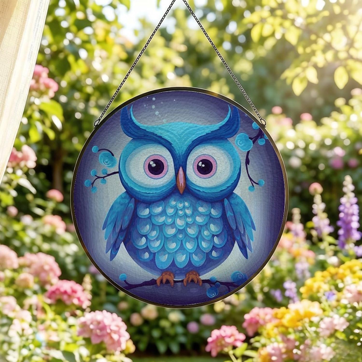 Stained Glass Hanging Sign Suncatcher, Blue Owl