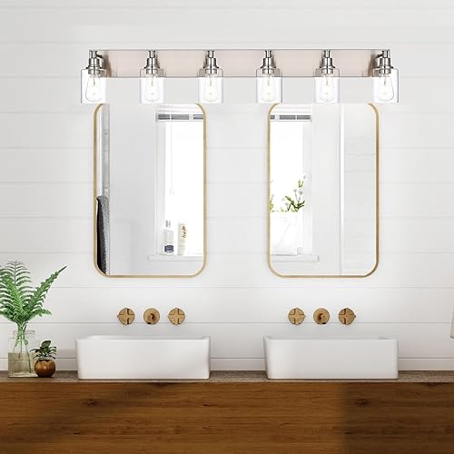 Miniatura 4 de 6 luces de tocador de baño, iluminación industrial de montaje en pared con vidrio transparente, luces de tocador de metal de níquel cepillado para