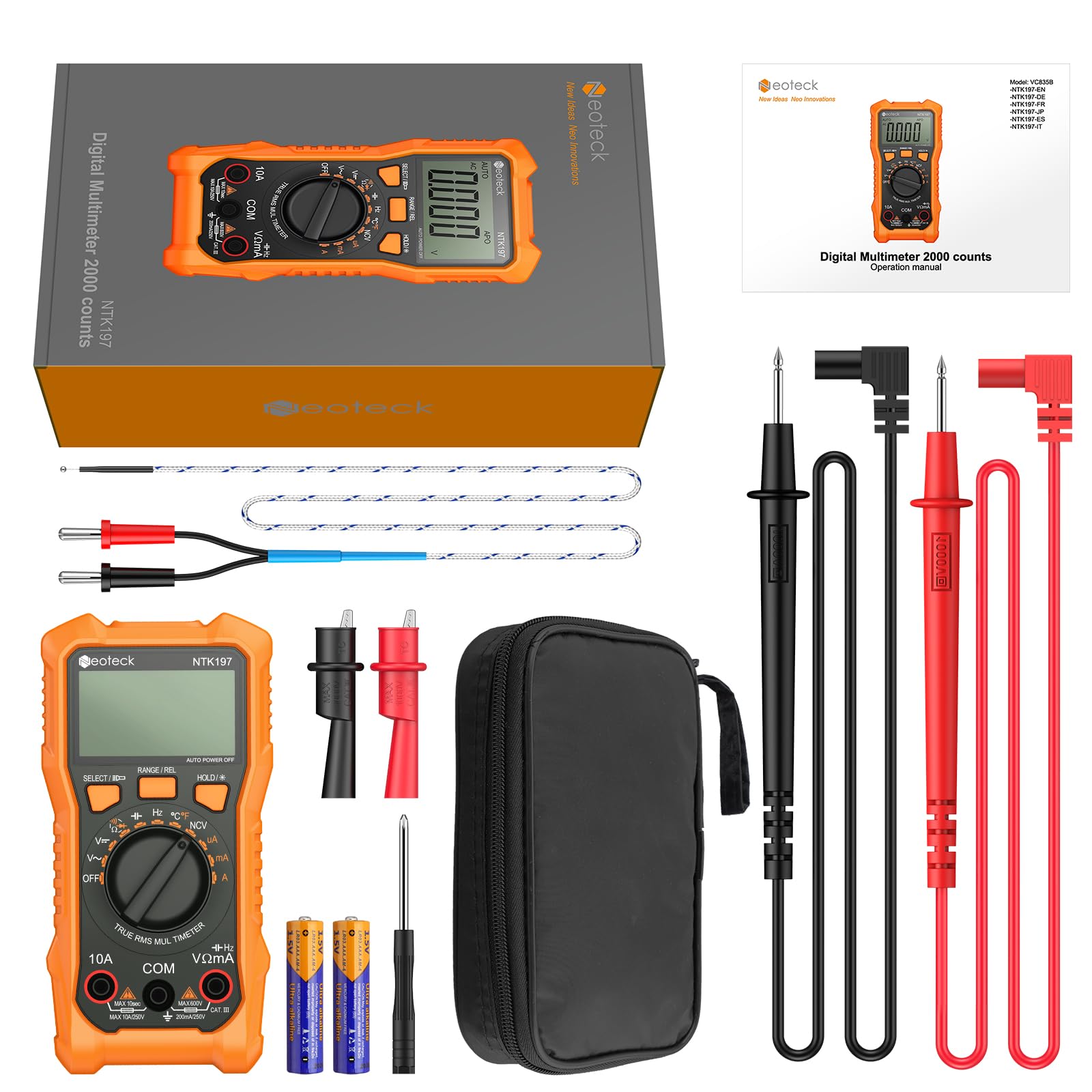 Neoteck Multimetro Digitale 2000 Conteggi AC DC Corrente Tensione Resistenza Capacitanza NCV Frequenza Temperatura Digital Multimeter Con Display LCD Tester Multimetro con Clip a Coccodrillo