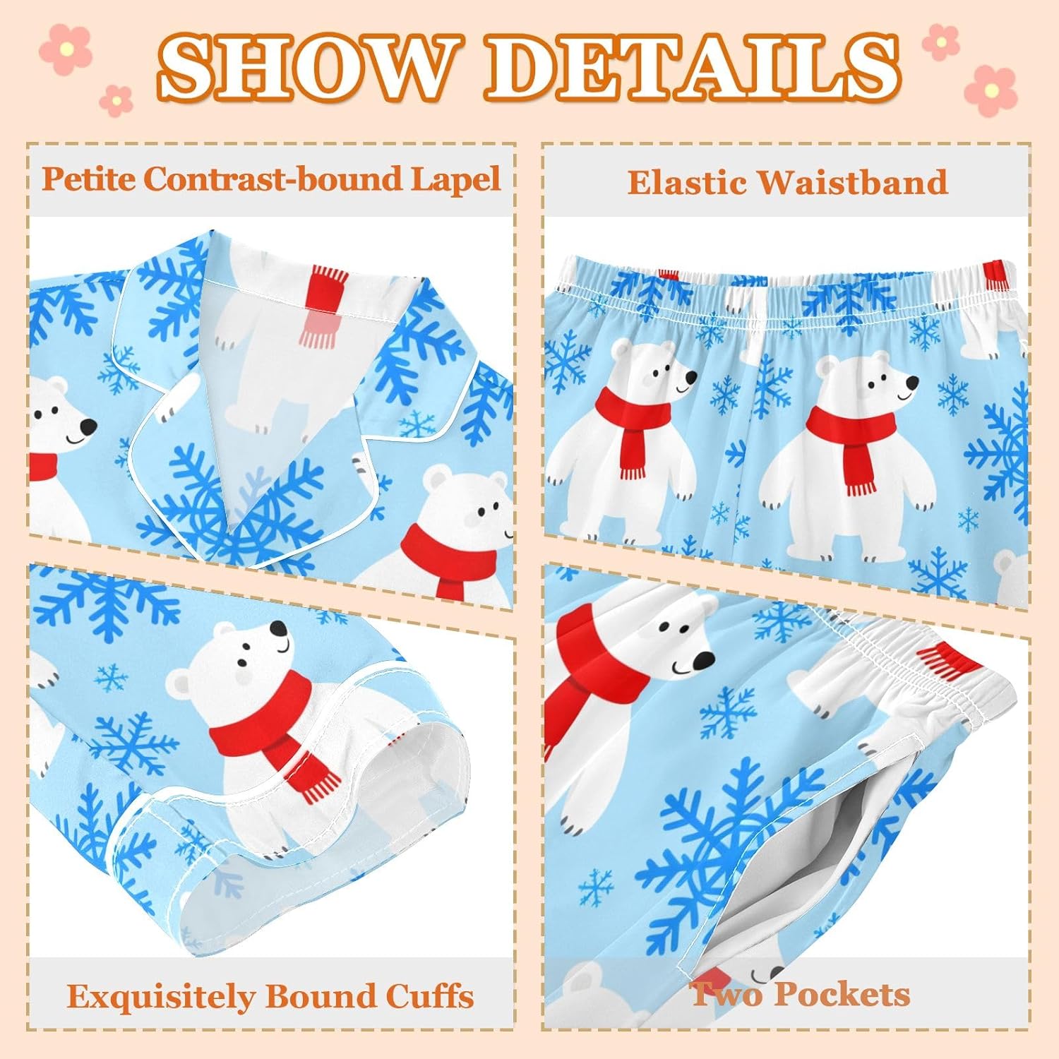 Kids Casual Satin Wear Set White Bear Blue Pattern Unisex Relaxed Fit Clothing