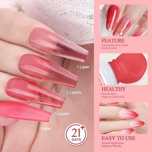 Miniatura 2 de SAVILAND Esmalte de uñas de gel rojo rosado  Esmalte de uñas de gel de gelatina rosa transparente de secado rápido y de larga duración, esmalte de