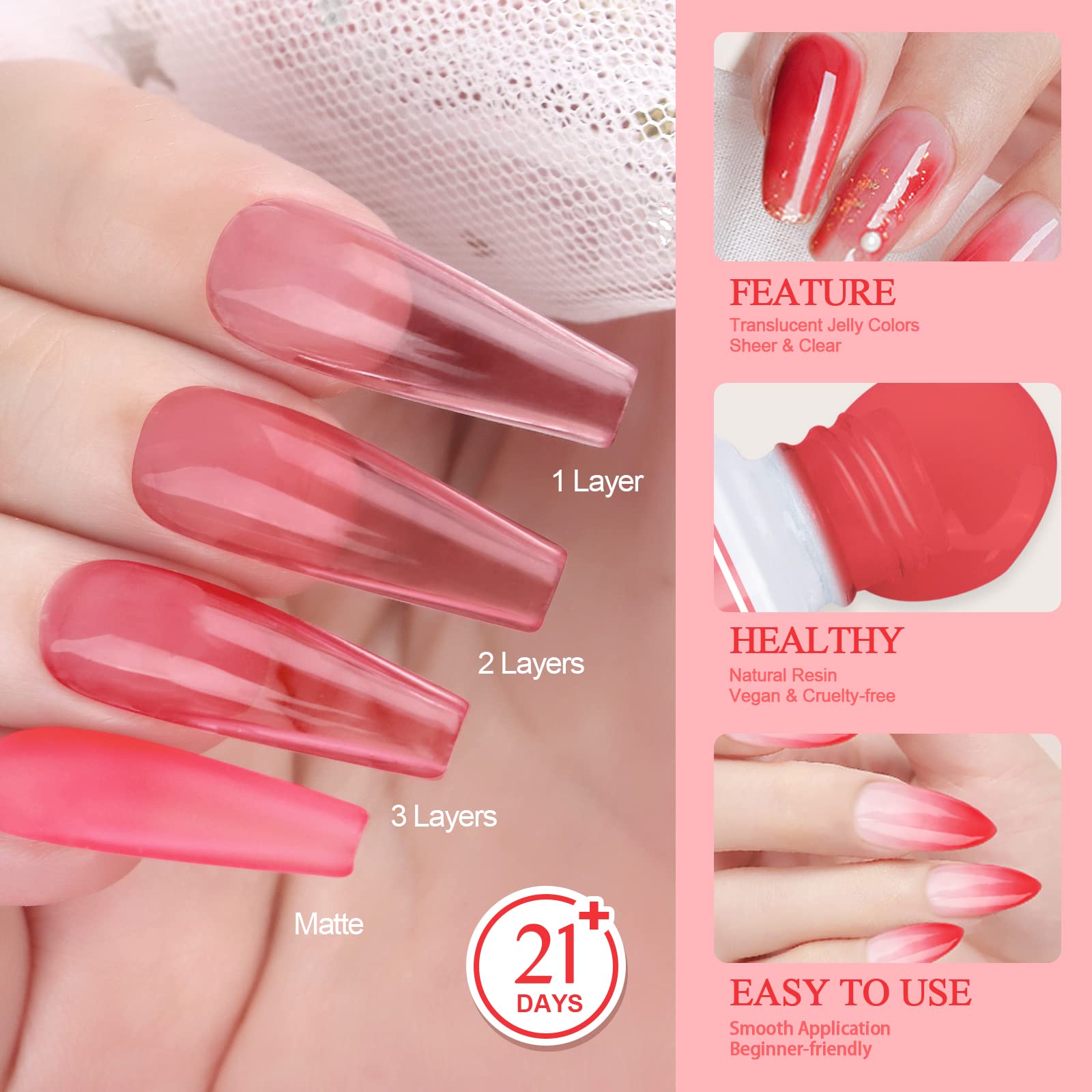 SAVILAND Rosy Red Gel Polish - Transparent Rosy Red Jelly Gel Nail Polish Quick Dry and Long Lasting, Pink Gel Polish Soak Off Nail Art Manicure Starter Salon DIY at Home Women Gifts