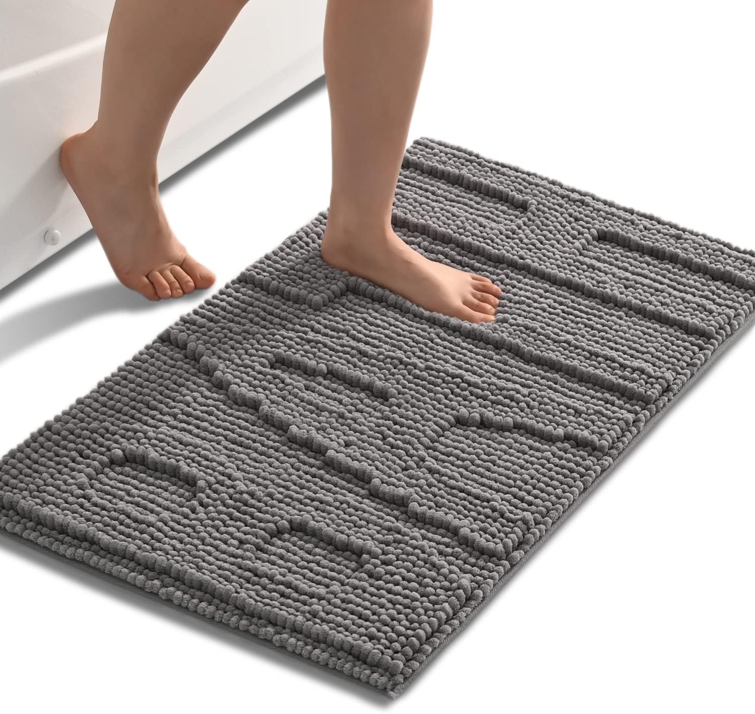 QJHOMO Gray Bathroom Rugs Chenille Bath Mats for Bathroom Non Slip Floor Mat, Thick Soft Shaggy Bath Rug, Super Absorbent Bathmat Quick Dry, Machine Washable Microfiber Rugs for Shower, 20 x 32 Inch