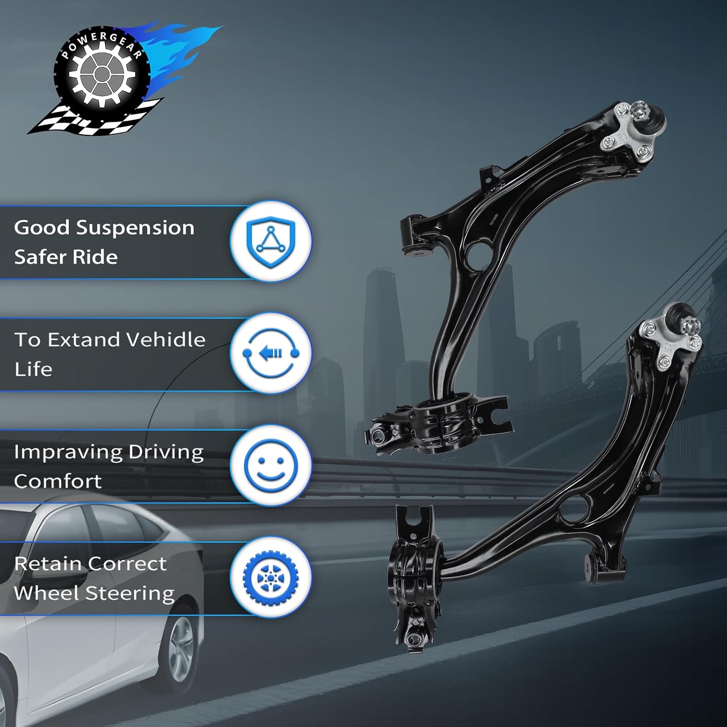 POWERGEAR Control Arms, Passenger Side Front Right Lower Control Arm With Ball Joint Suspension Steering Kit Compatible With 2016-2021 Honda Civic -1Pcs