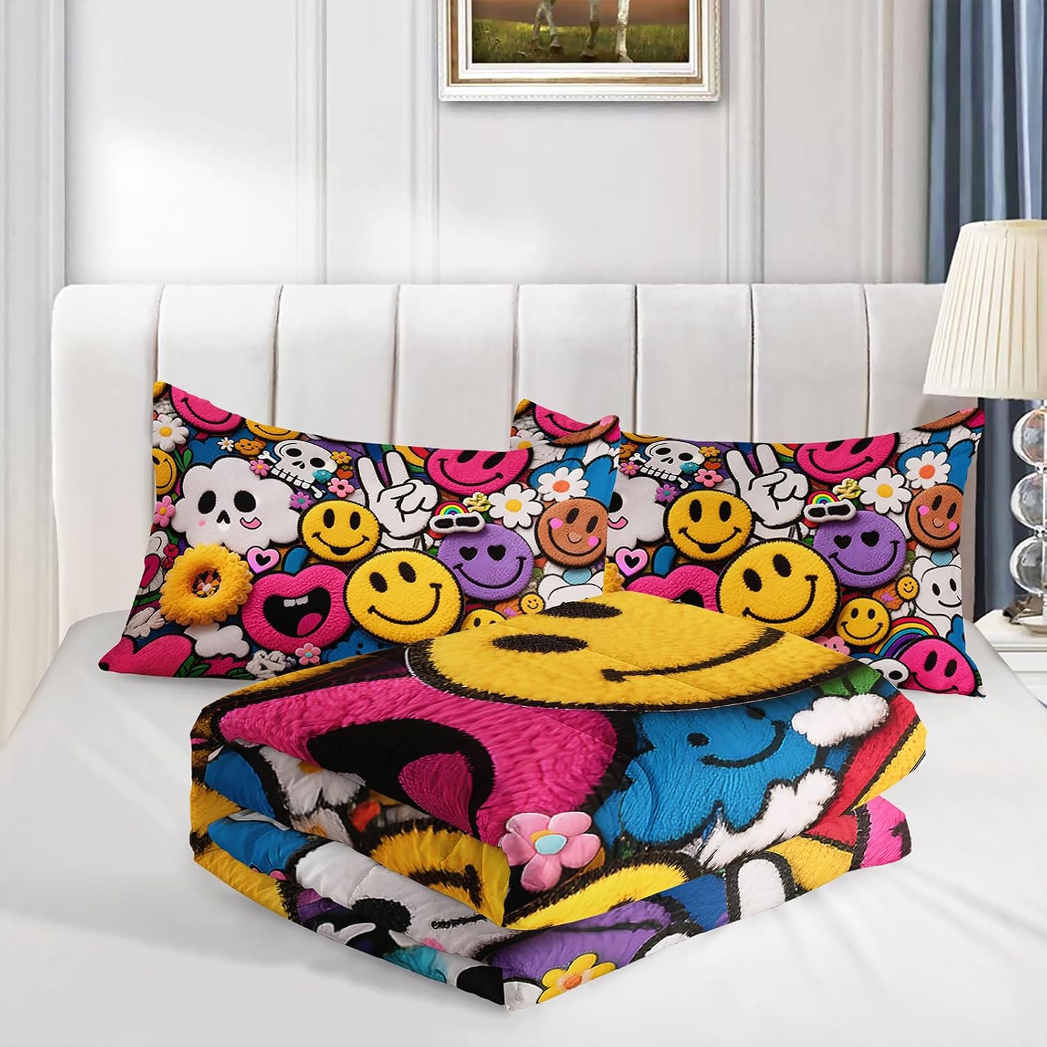 AILONEN Cute Smiley Face Comforter Set for Kids Girls Full Size,Comical Skull and Cloud Patterns Bedding Sets for Bedroom Decor,3 Pieces,1 Quilt and 2 Pillowcases,Soft Microfibre