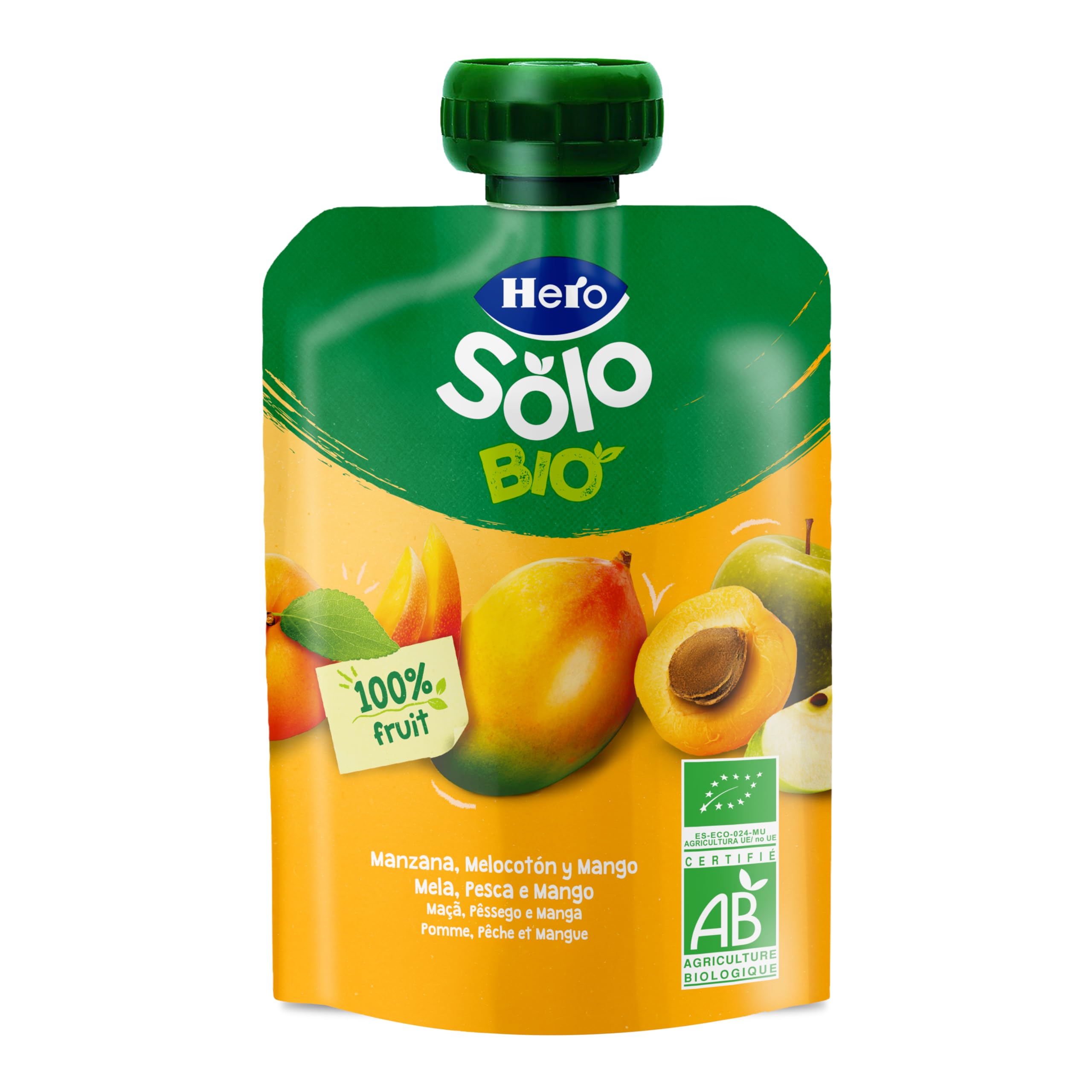Hero Solo Pomme Pêche Mangue – Gourde Bio Fruits Dès 4 Mois, 100% Naturel Sans Sucres Ajoutés Ni Additifs, 18x100g