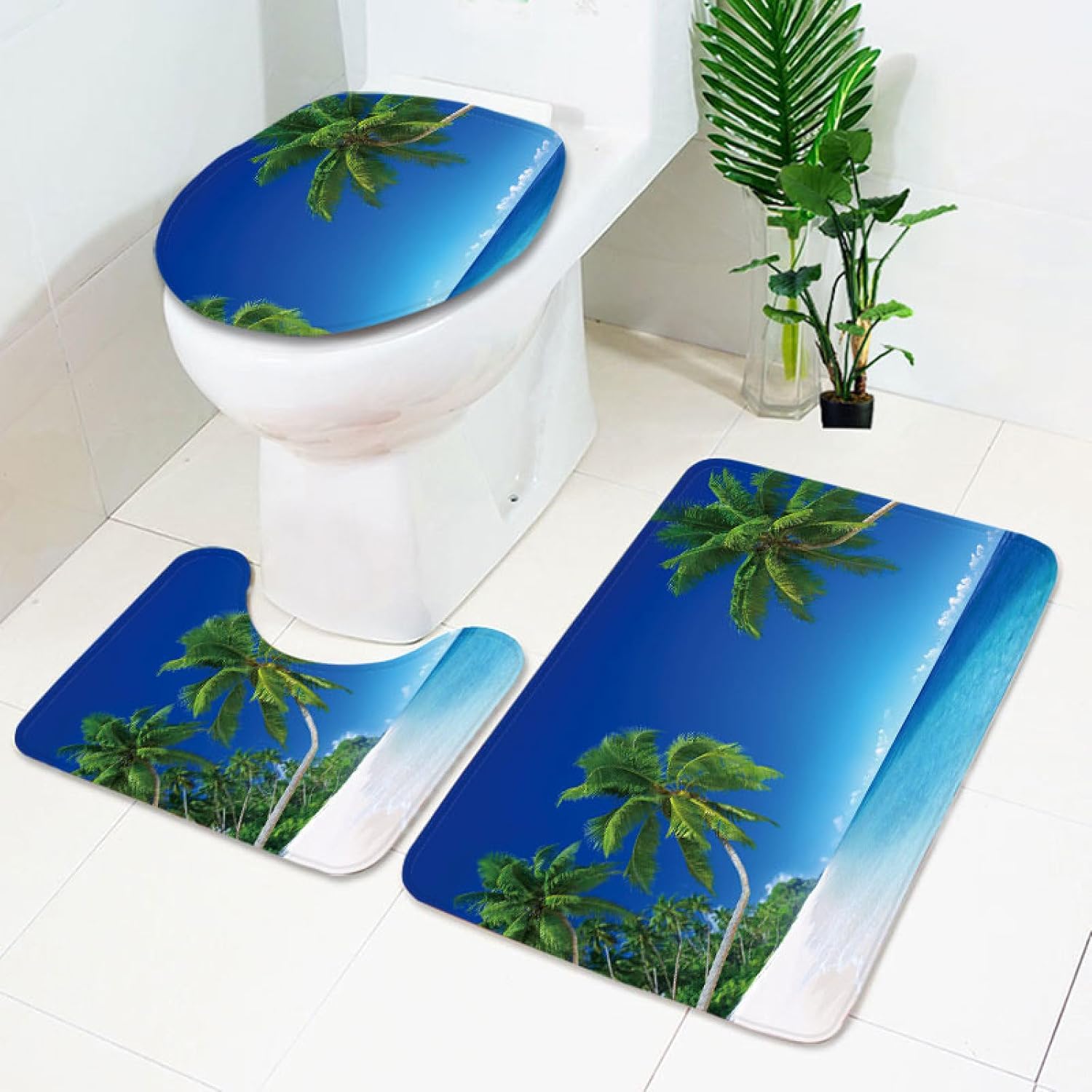 Set di tappetini da Bagno 3 Pezzi Blu Palma Antiscivolo per Bagno Tappeto Lavabile in Memory Foam Tappeto copriwater tappetini a Forma di U 50x80 cm