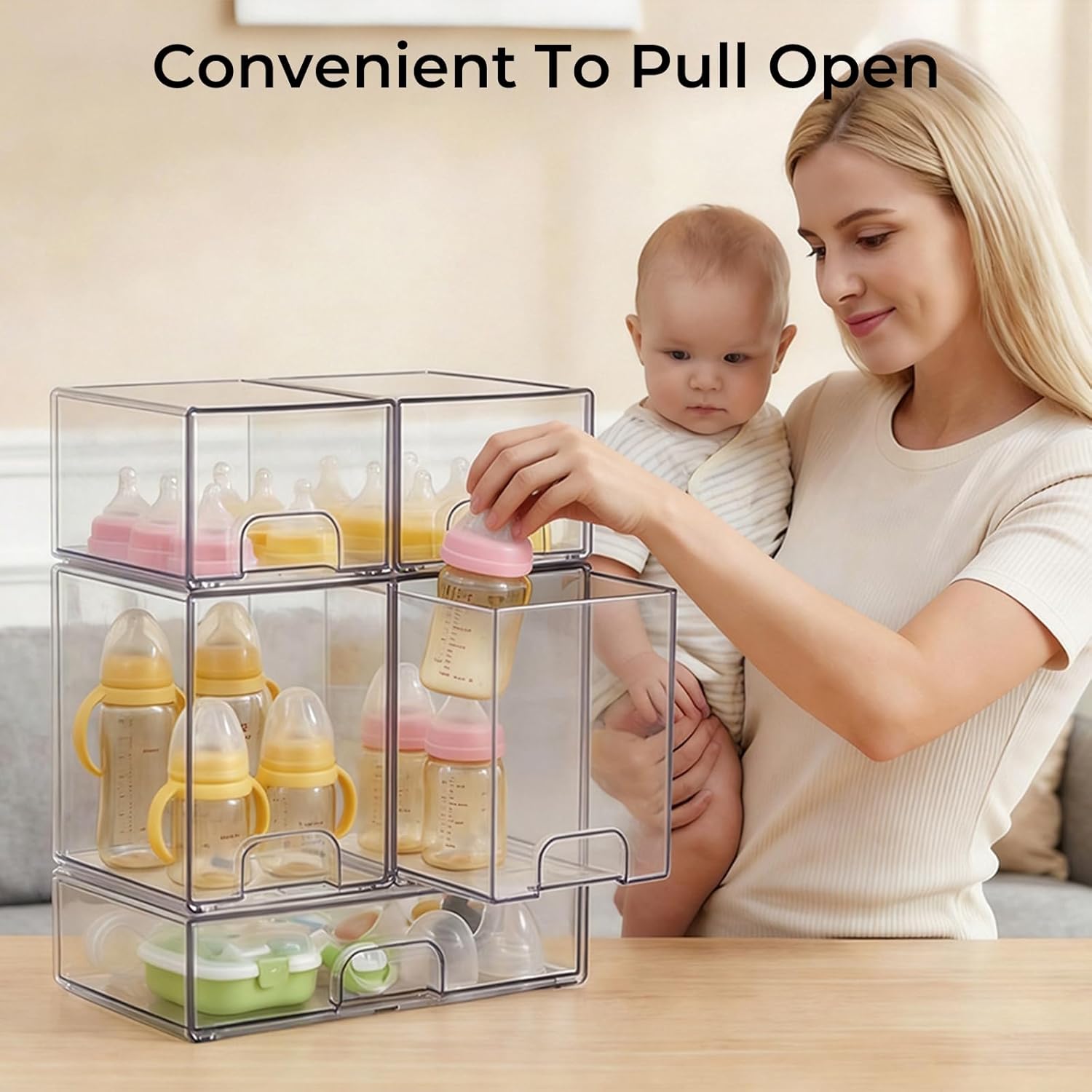 Baby Bottle Organizer,4 packs Stackable Storage Drawers,Clear Acrylic Organizer Bins with Non-Slip Pads,Pull-Out Drawers for Makeup,Kitchen Countertop,Bathroom,Vanity,CabinetOrganization