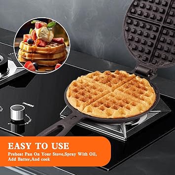 7 Inch Round Cast Iron Waffle Iron Plant Oil Care Two Piece Hinged Non Electric Waffle Maker for Indoor and Outdoor Picnics