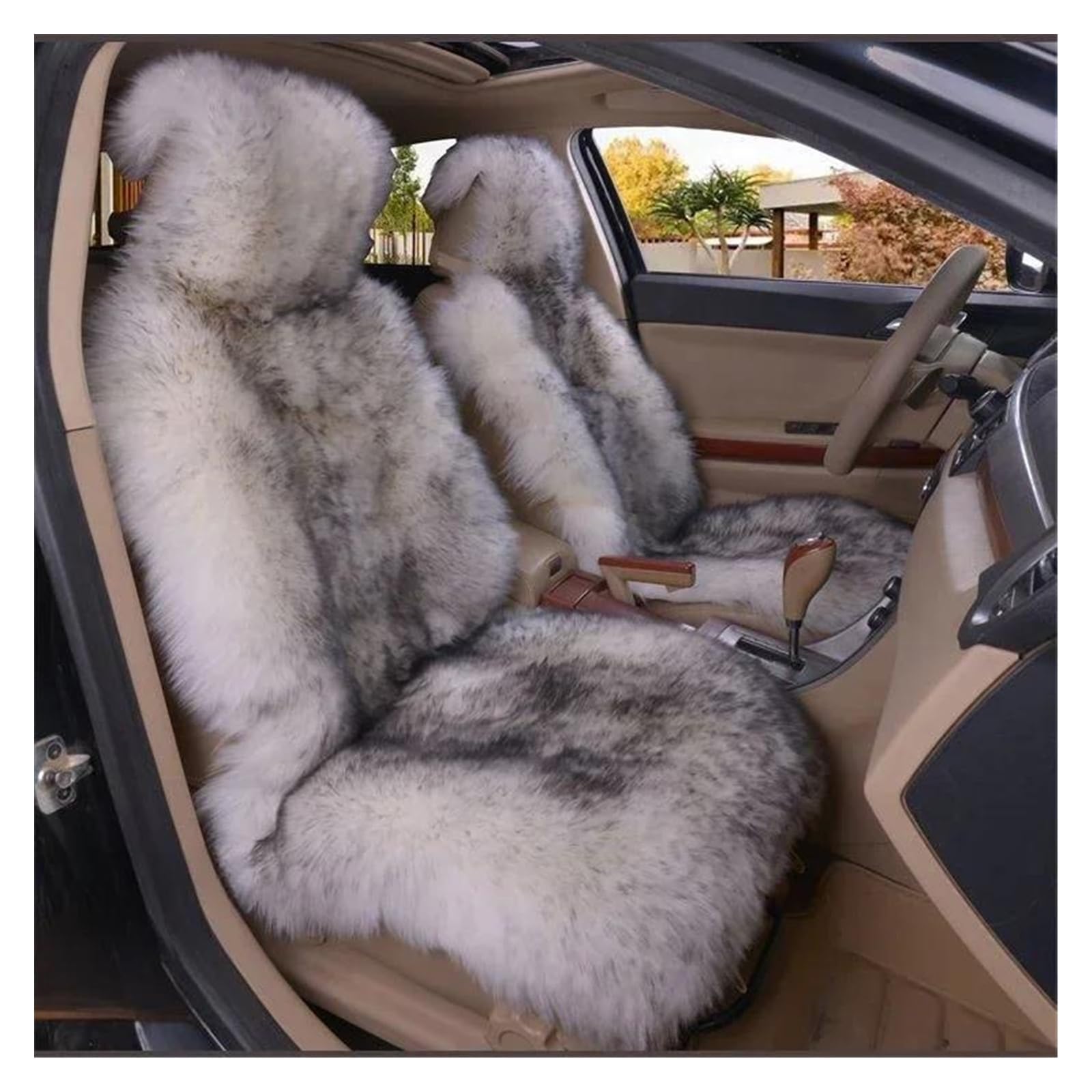 DZSYBUIGB Universal Car Seat Covers - Warm Plush Long Wool Fur Protect Cushion Mat - Front Seat - Auto Accessories - White Gray Tip