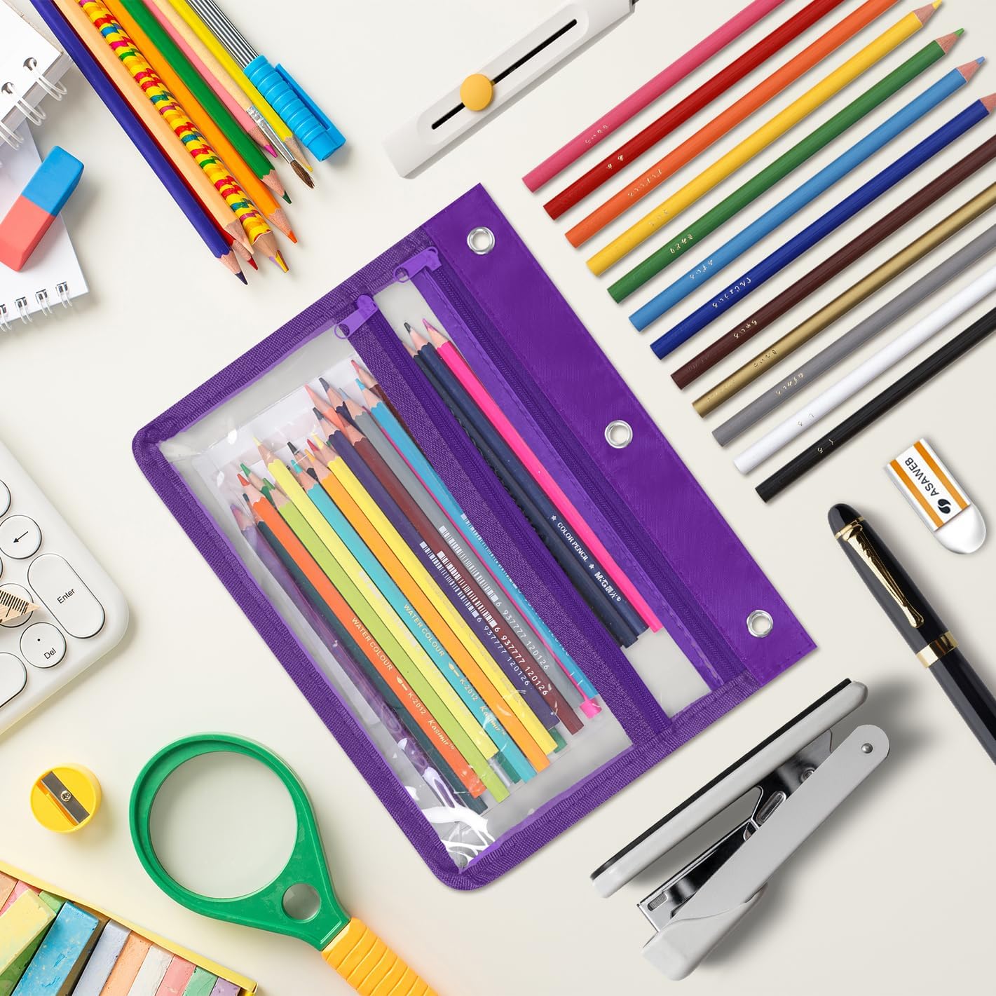 YoeeJob Pencil Pouch for 3 Ring Binder with 1.5 inch Expandable Large Capacity, Double Pockets Zipper Pencil Case, Pencil Binder Pouch for School Office Home, Purple image 3