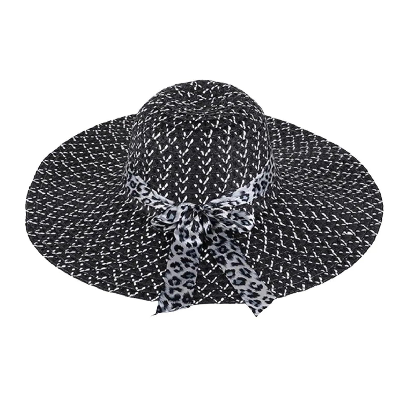 MRKU Summer Sun Hat Big Brim Protection Bowknot Straw Casual Breathable Panama Cap Travel