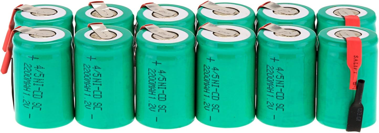 Ni-Cd Rechageble Batteries, 1.2V 2200 mAh 4/5Sub C Battery Flat Top Battery with Tabs for Digital Cameras, CD Players Battery Pack (Pack of 12), Green