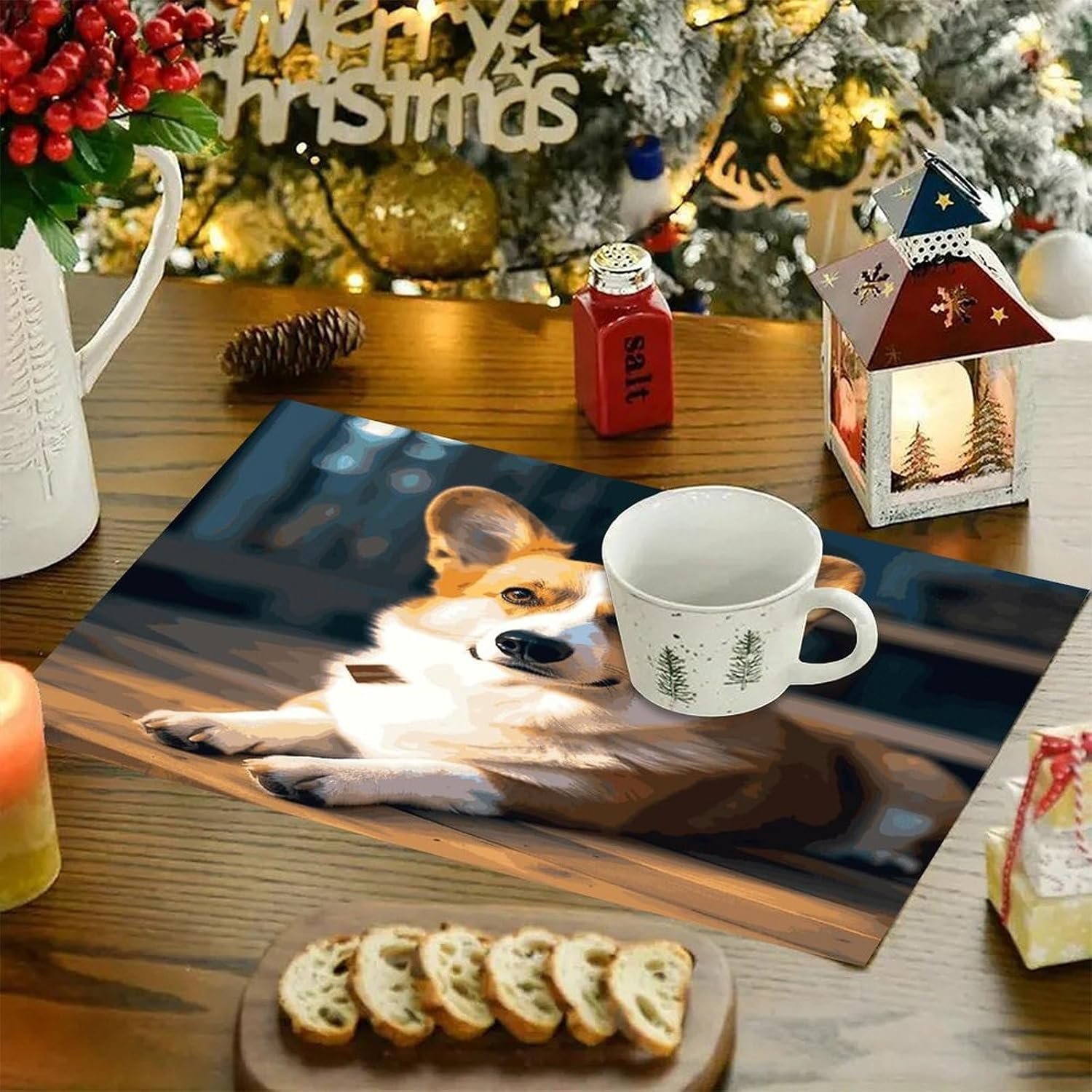 Smart Corgi Table Runner and Placemats Set of 6 for Kitchen Washable Table Mats Heat Resistant Place Mats Non-Slip Place Mat Wipeable Placemat(6 Placemats+1 Table Runner) image 3
