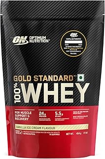 Optimum Nutrition (ON) Gold Standard 100% Whey Protein Powder (Vanilla Ice Cream)1 lbs, 454 g, for Muscle Support &amp; Recove...