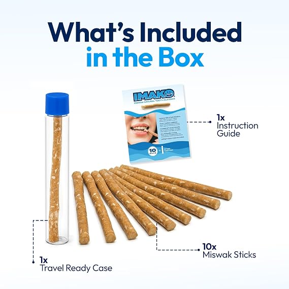 Imako Organic Miswak Sticks for Teeth Cleaning, with Travel Case - 10 Pack