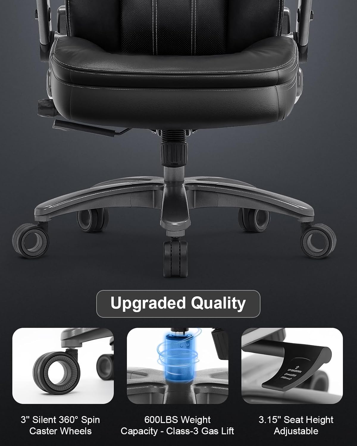 Big and Tall Office Chair, 600lbs Heavy Duty Desk Chair with 5D Arms and Adjustable Lumbar Support, PU Leather High Back Ergonomic Executive Home Office Computer Chair with 3'' Silent Casters
