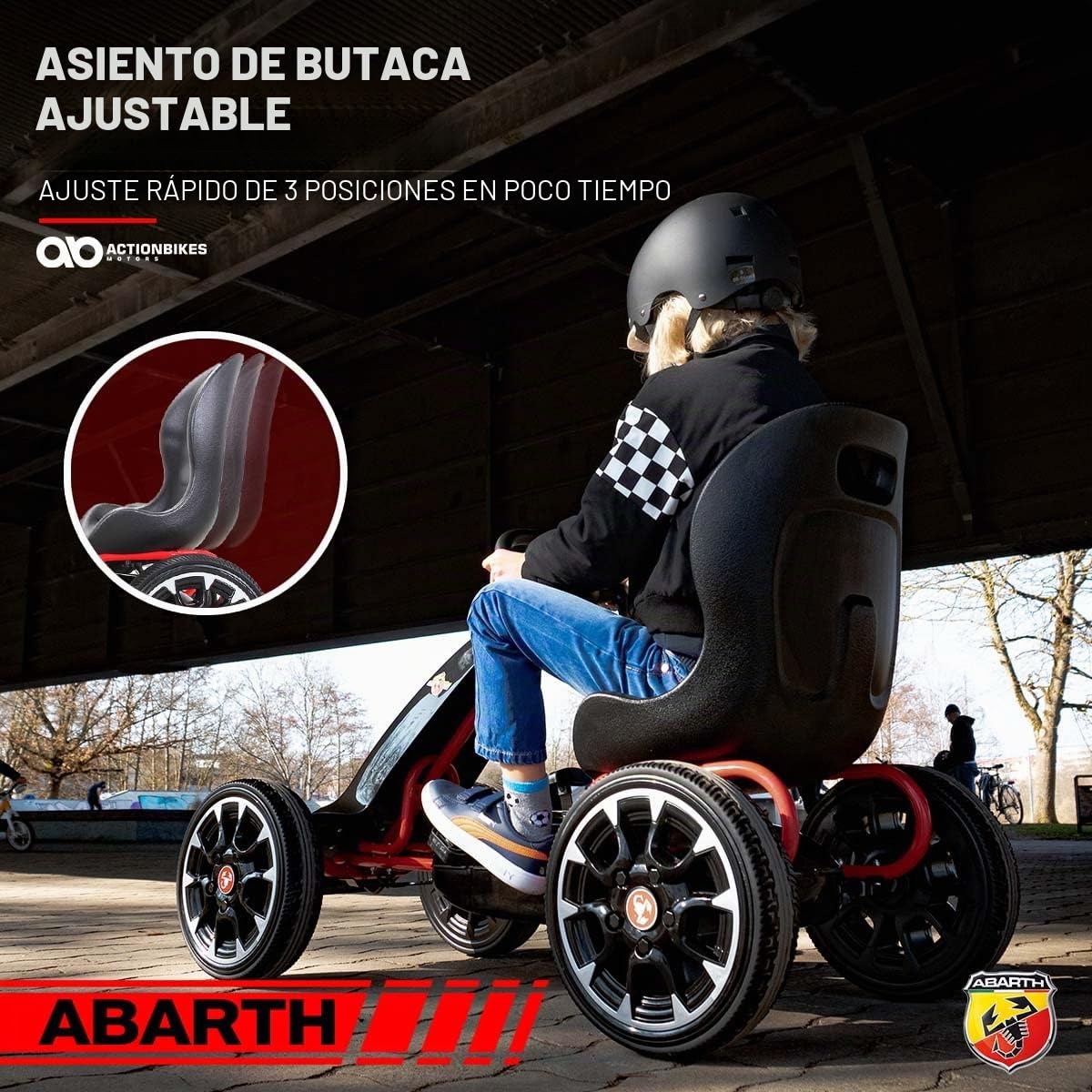 PEQUENENES Kart Coche de Pedales Fiat Abarth de CARS12V, Ruedas neumaticas, carenado de Proteccion, Freno de Mano, Asiento Regulable de Cuero (Negro)