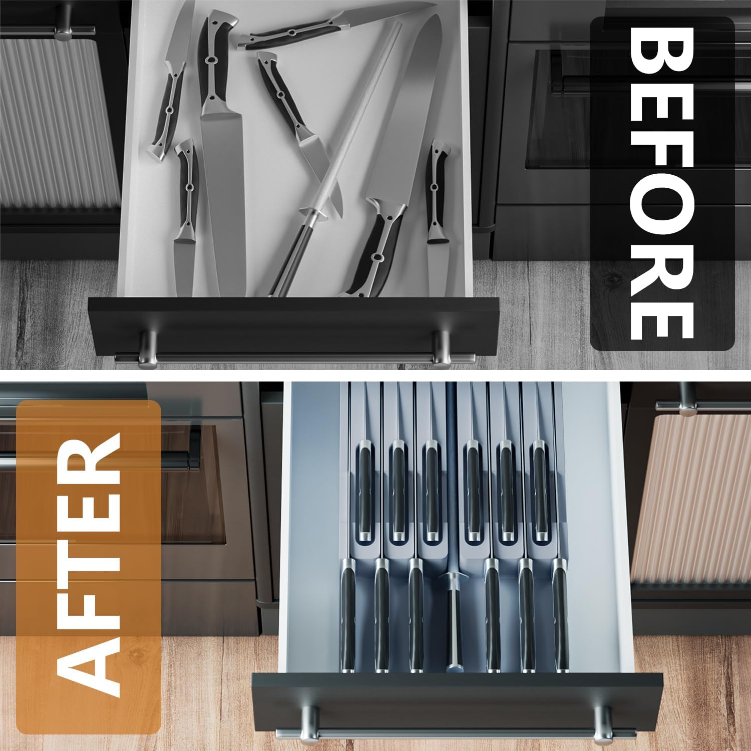 Domax Bamboo In-Drawer Knife Block Kitchen Knife Organizer Insert for 12 Knives and 1 Sharpening Steel(Not Included), Steak Knife Holder, Gray