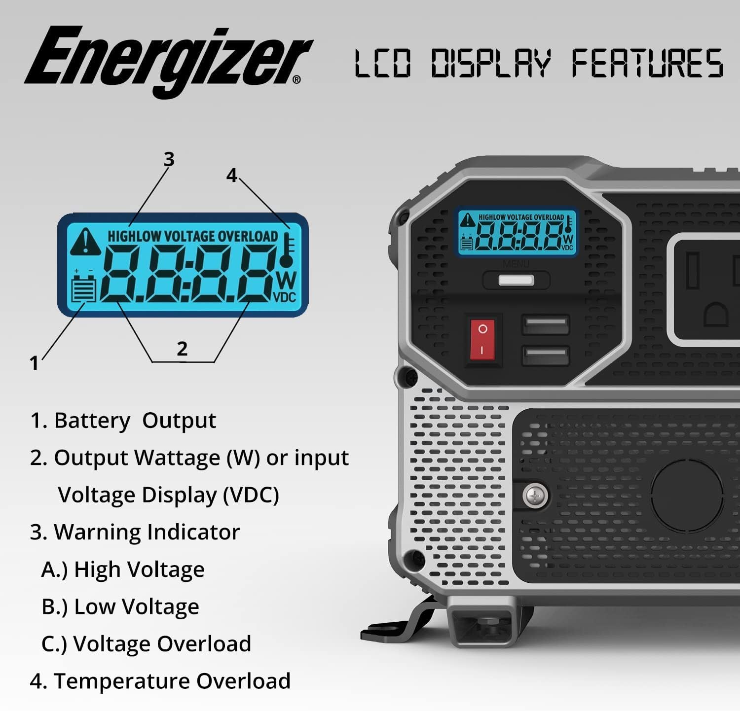 Energizer 3000W Power Inverter LCD display features