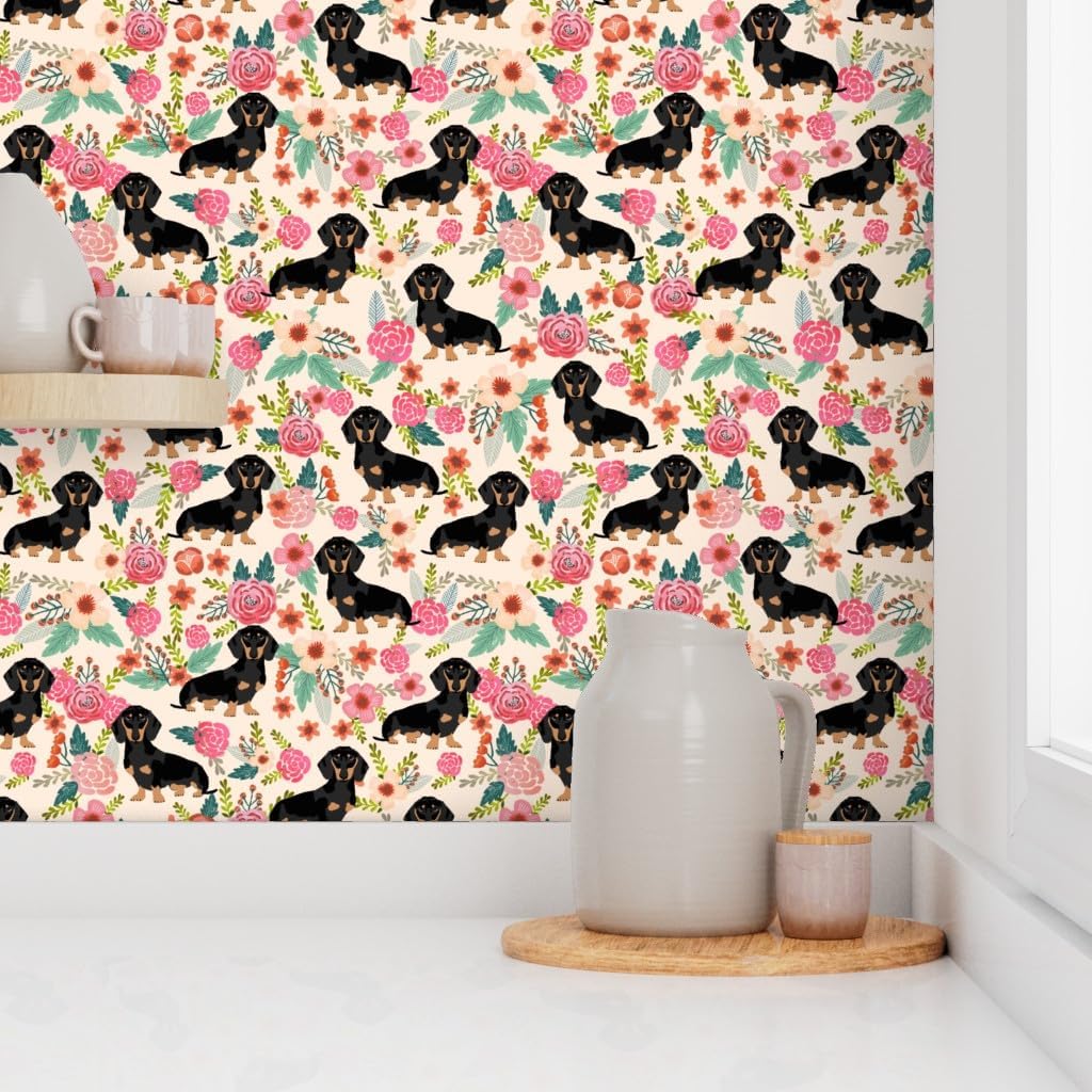 Peel & Stick Wallpaper Swatch - Flowers Florals Dachshund Dachshunds Dog Cute Pet Baby Girls Sweet Weiner Wiener Puppy Lover Animal Custom Removable Wallpaper by Spoonflower