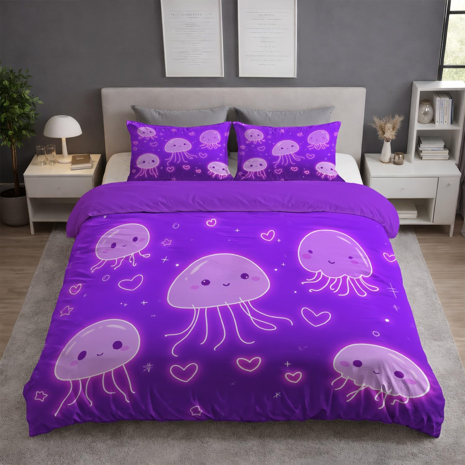 Zestaw pościeli Anime 180 x 220 cm urocza kreskówka meduza fioletowy różowy zestaw pościeli 2-osobowy zestaw poszewek z mikrofibry bawełna z zamkiem błyskawicznym i 2 poszewkami na poduszki 65x65cm