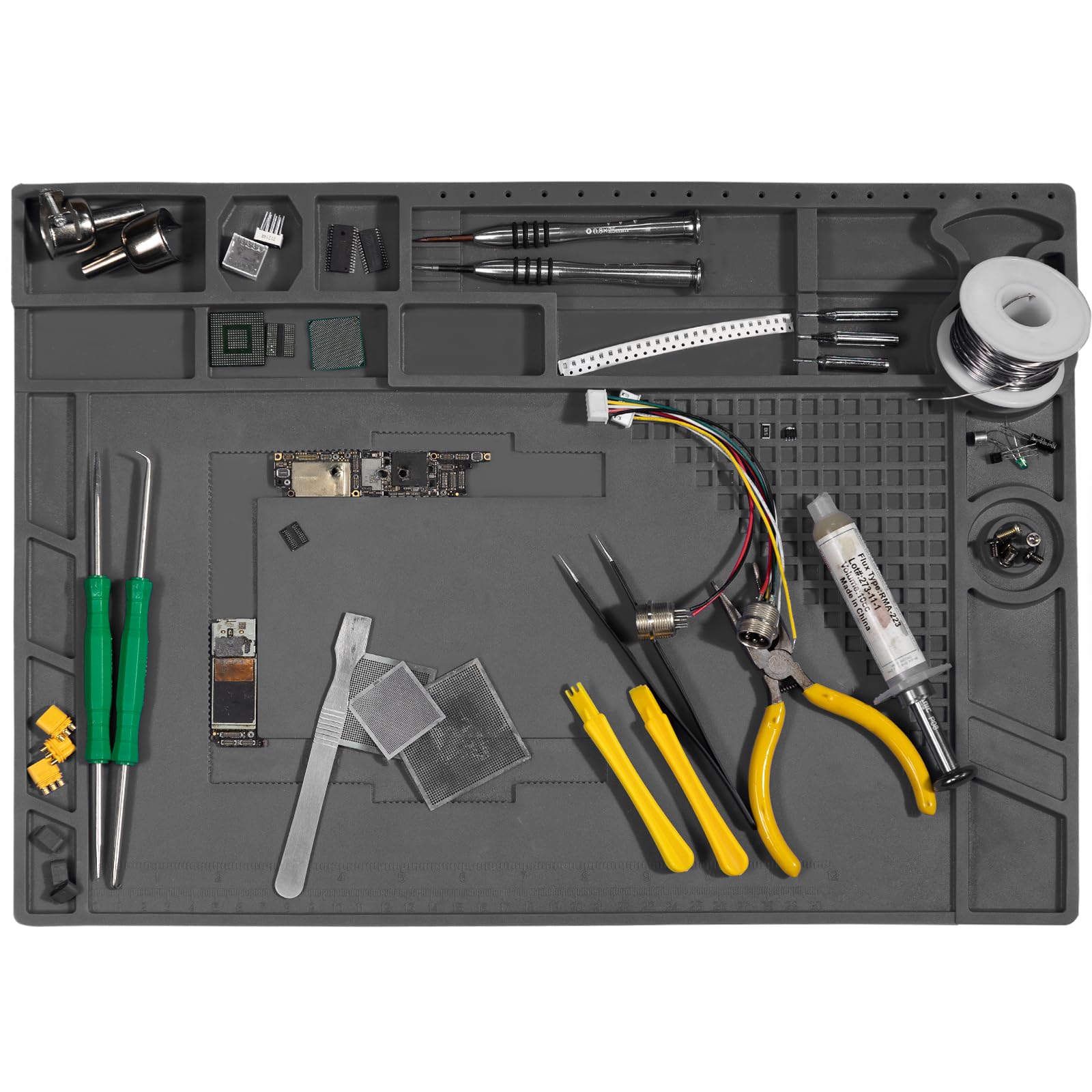 WEP M170 Silicone Soldering Mat 17.3x12.2 inches Heat-resistant with 8 Function Zones, Magnetic Mat/Soldering Mat for, electronics repair, DIY