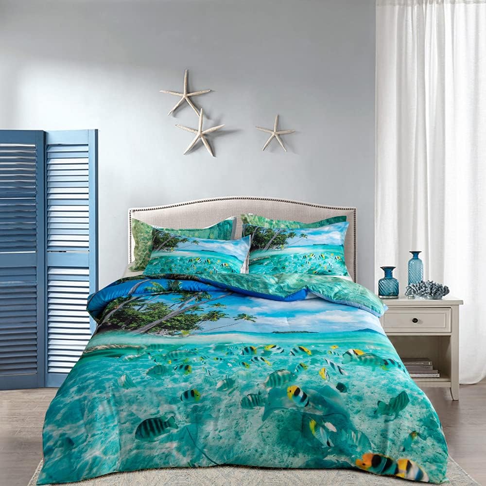 Geilioo Ocean Comforter Set Fish Bedding Set Coastal Comforter Set Nature Ocean Theme Comforter Twin Size 1 Comforter 2 Pillowcases