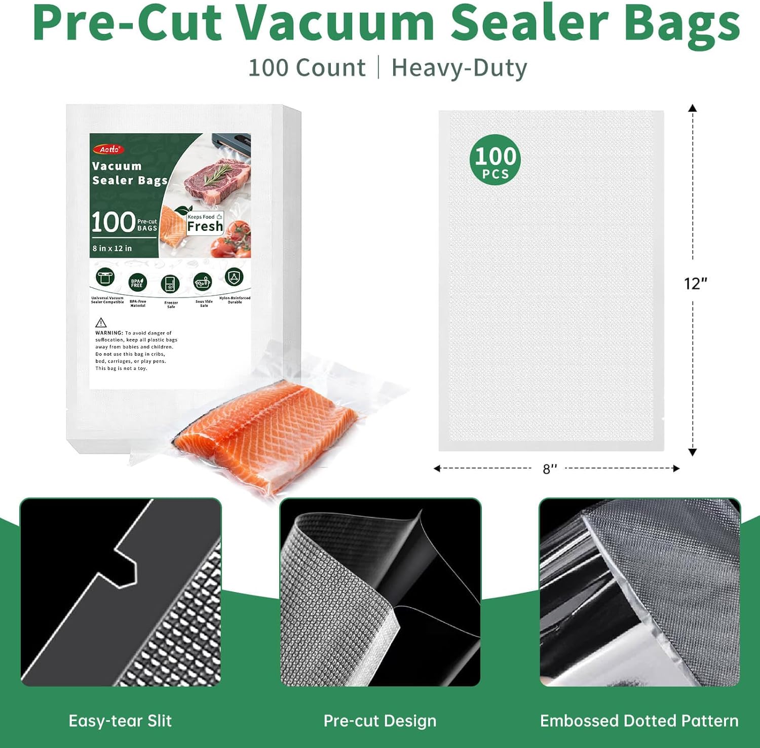 Aotto Vacuum Sealer Bags for Food - 100 Count Quart 8" x 12" Commercial Grade BPA Free Vacuum Seal Bags for Food Storage, Meal Prep and Sous Vide