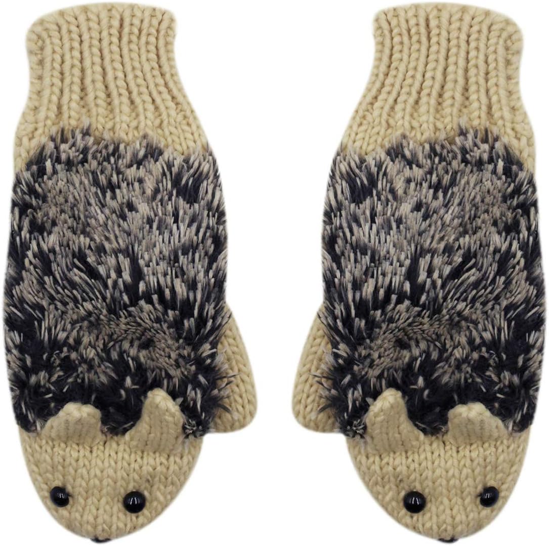 Women Girls Knitted Winter Gloves Cute Hedgehog Mittens Windproof Warm Gloves