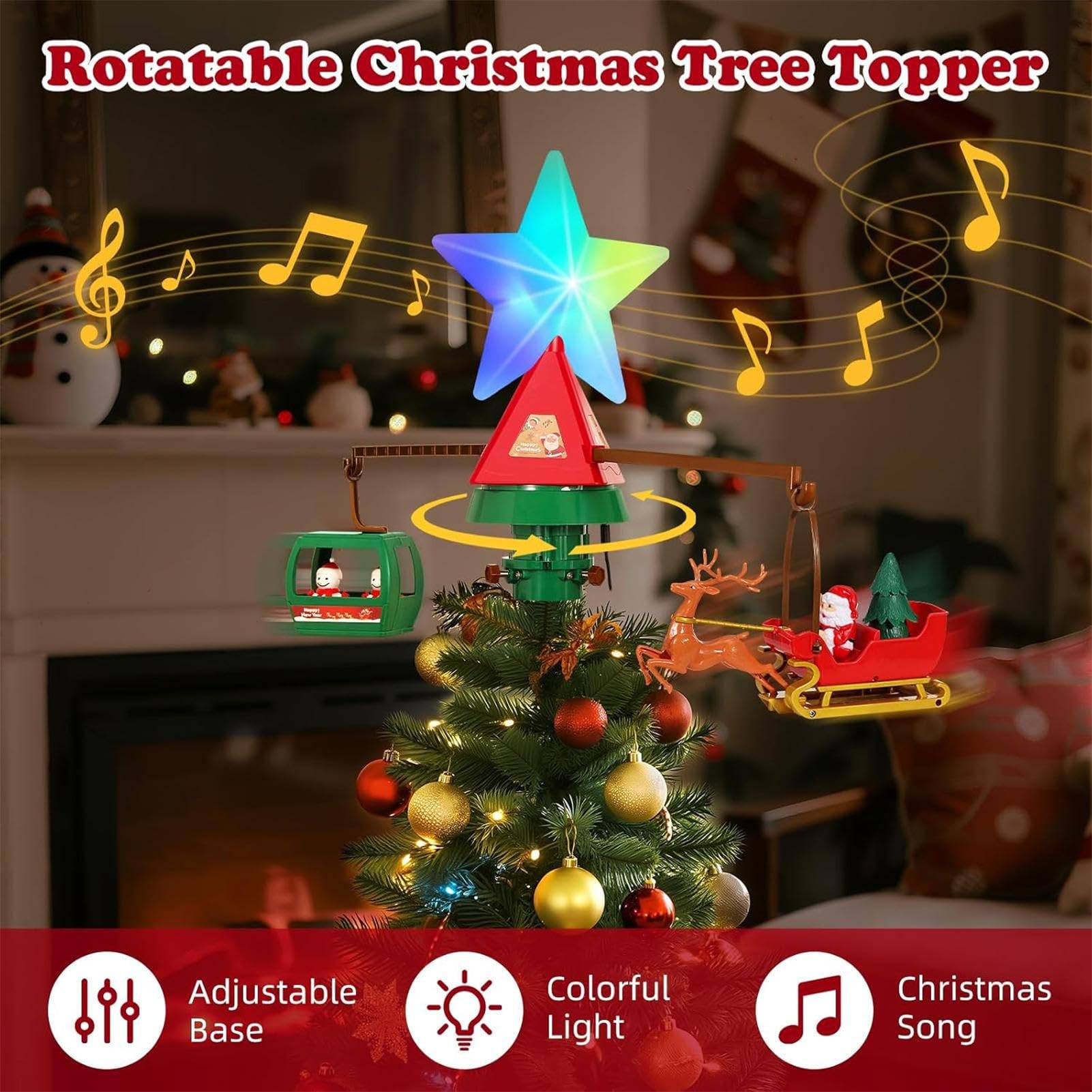 Giratorio para árbol de Navidad, Estrella iluminada alimentada por USB con Trineo de Papá Noel y muñecos de Nieve con Luces Musicales, decoración para árbol para casa de Vacaciones